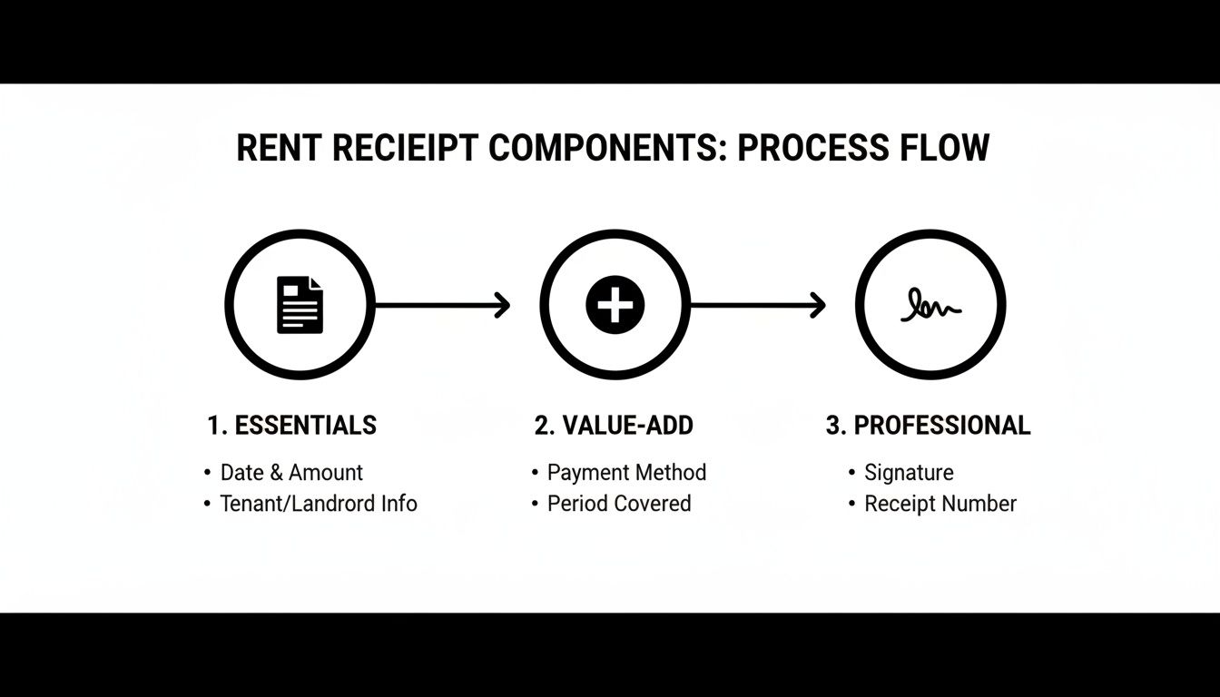 A process flow diagram outlining rent receipt components, categorized into essentials, value-add, and professional elements.