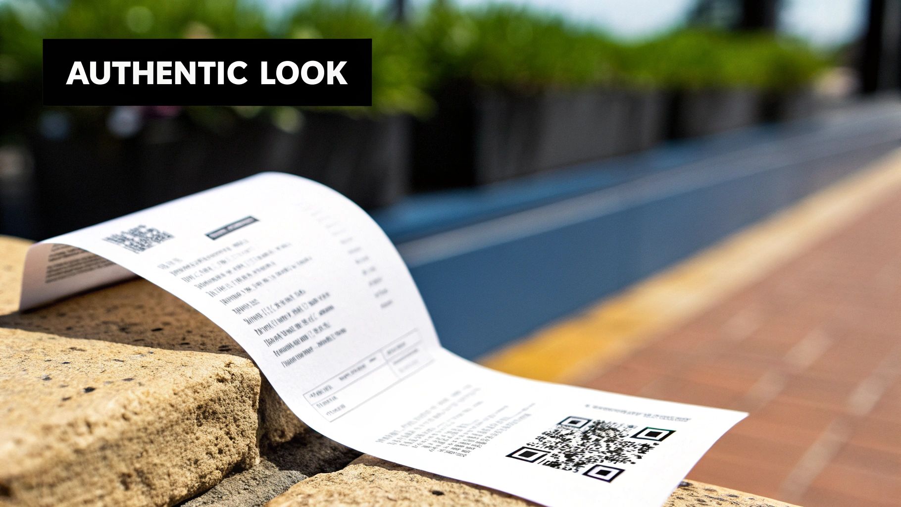 A white paper receipt with text and QR codes lies on a textured stone surface outdoors.