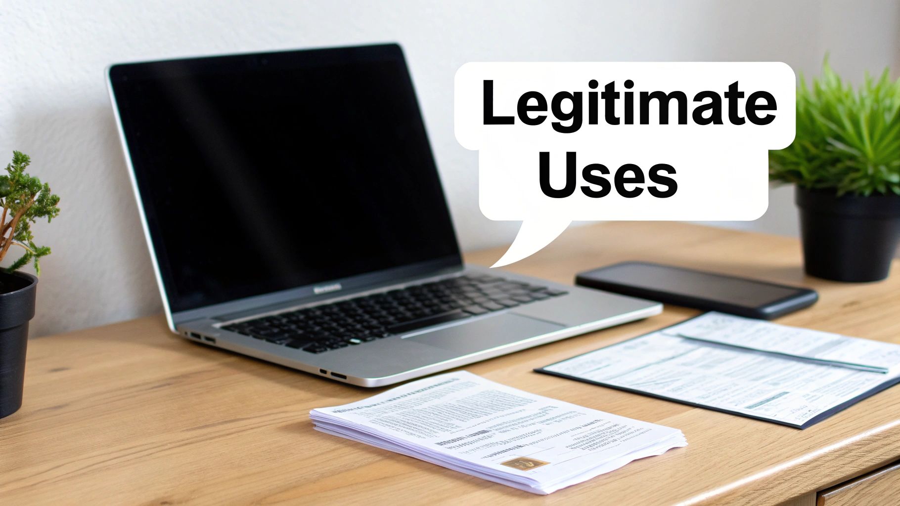 A modern workspace with a laptop, smartphone, plants, and papers, overlaid with a speech bubble saying 'Legitimate Uses'.