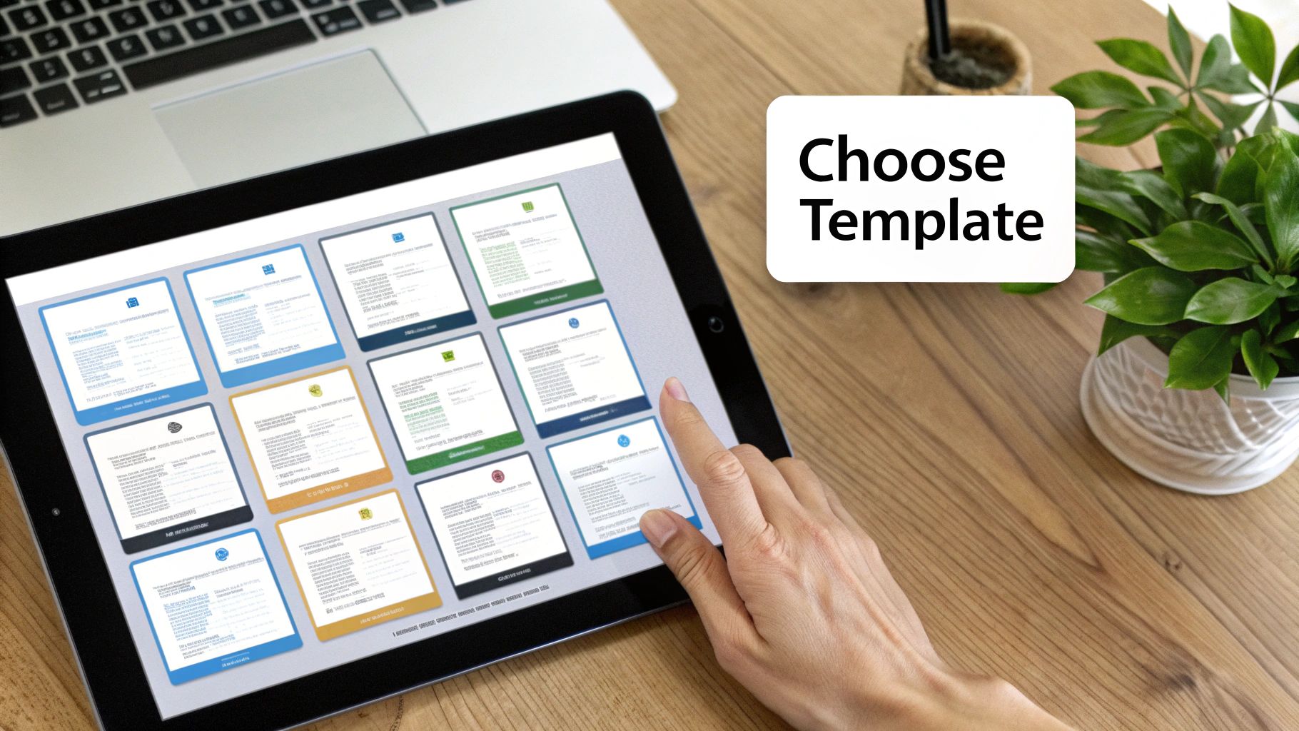 A hand taps a tablet screen showing multiple document templates. A laptop and a houseplant are nearby.