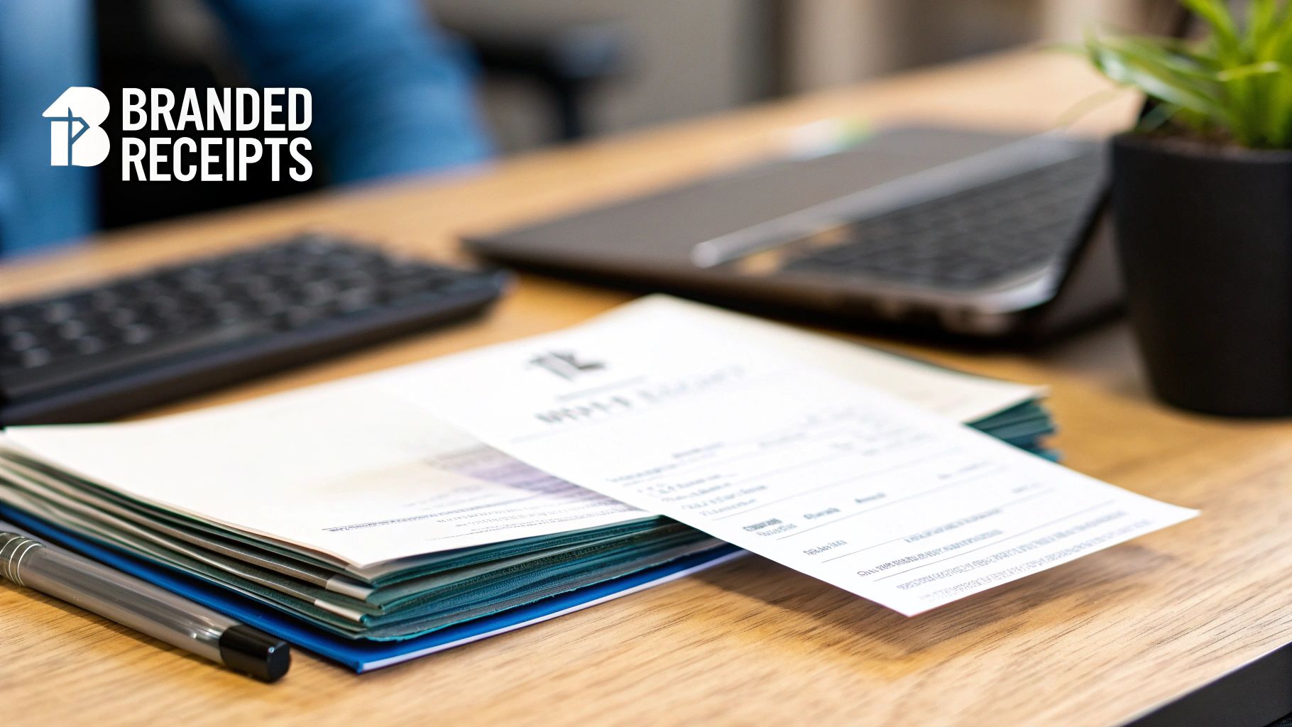 A clean desk setup showing branded receipts, a pen, keyboard, laptop, and a small green plant.
