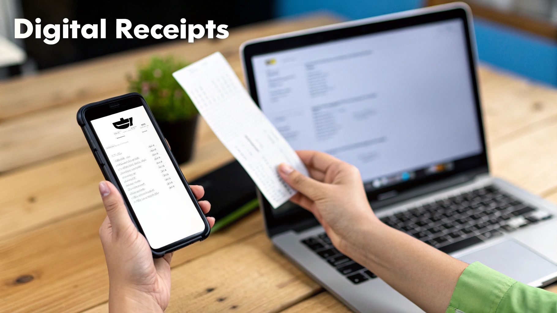 A person holds a smartphone displaying a digital receipt and a paper receipt next to a laptop.