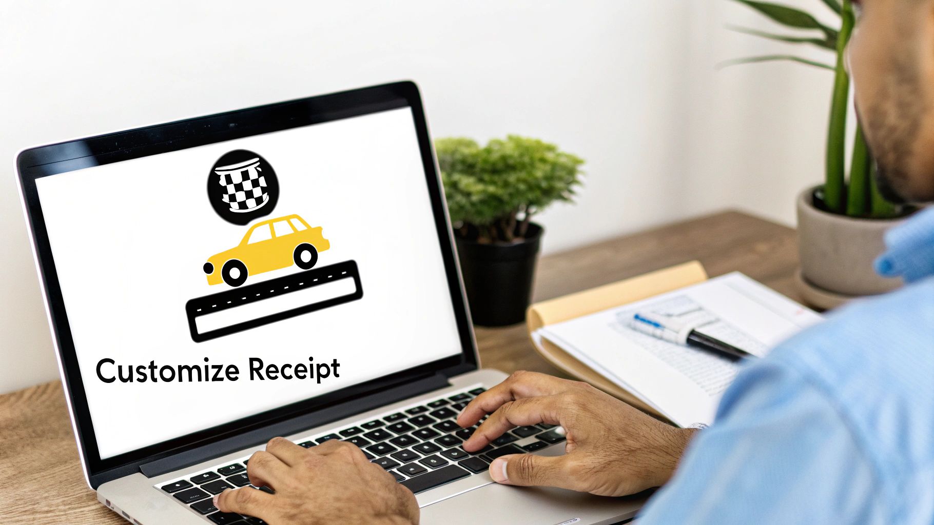 A person is typing on a laptop, customizing a digital taxi receipt with car and checkered flag icons.