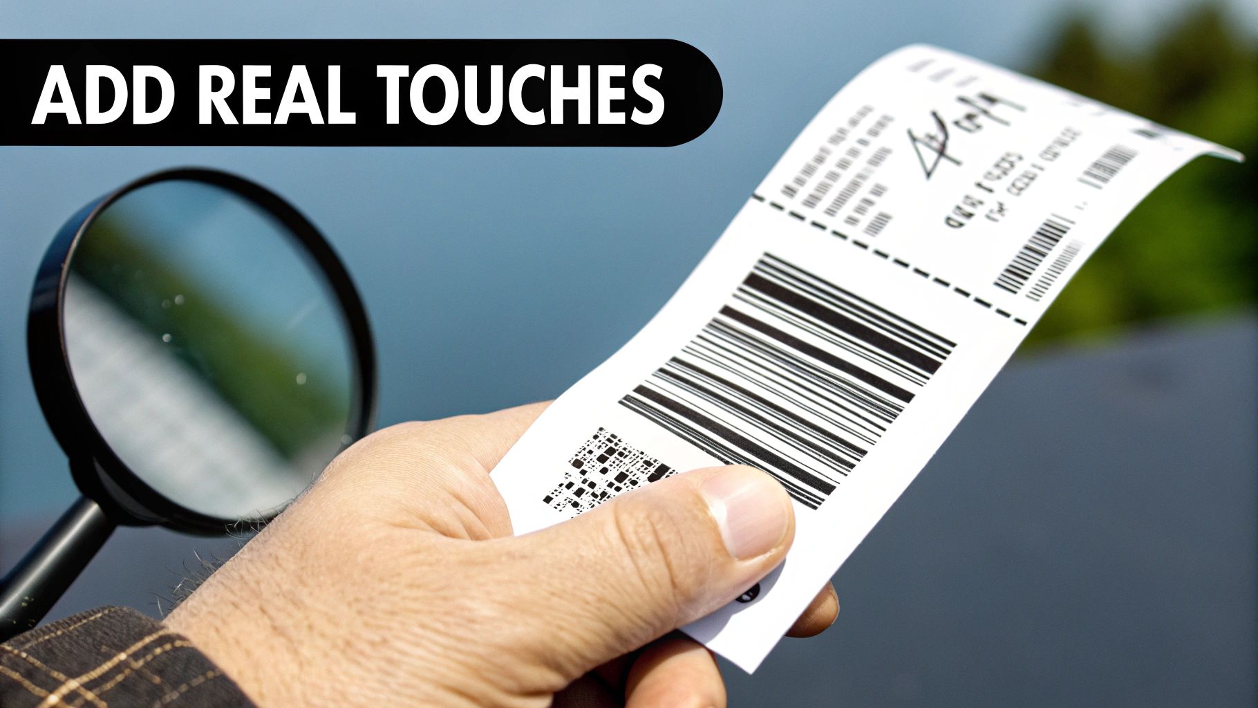 A hand holding a white receipt with a barcode and a QR code, next to a magnifying glass.