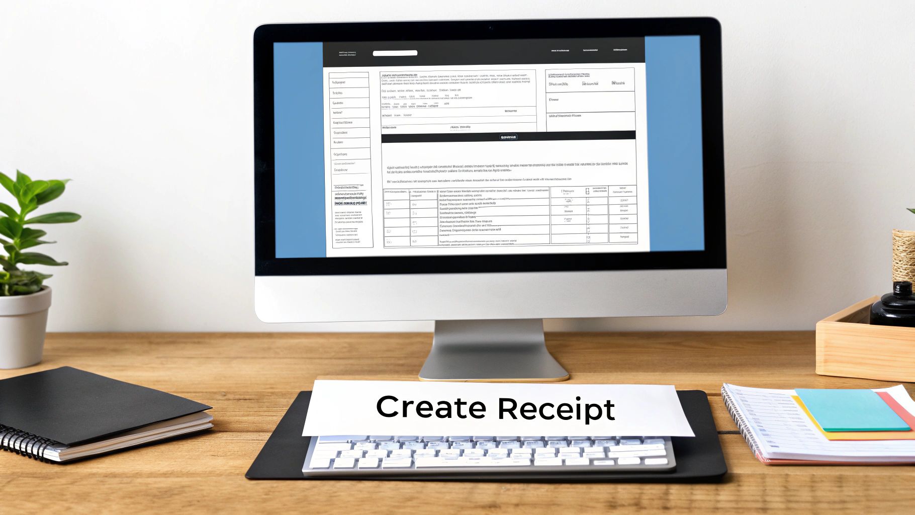 A desk setup with a monitor displaying a receipt form, a keyboard, and 'Create Receipt' text.