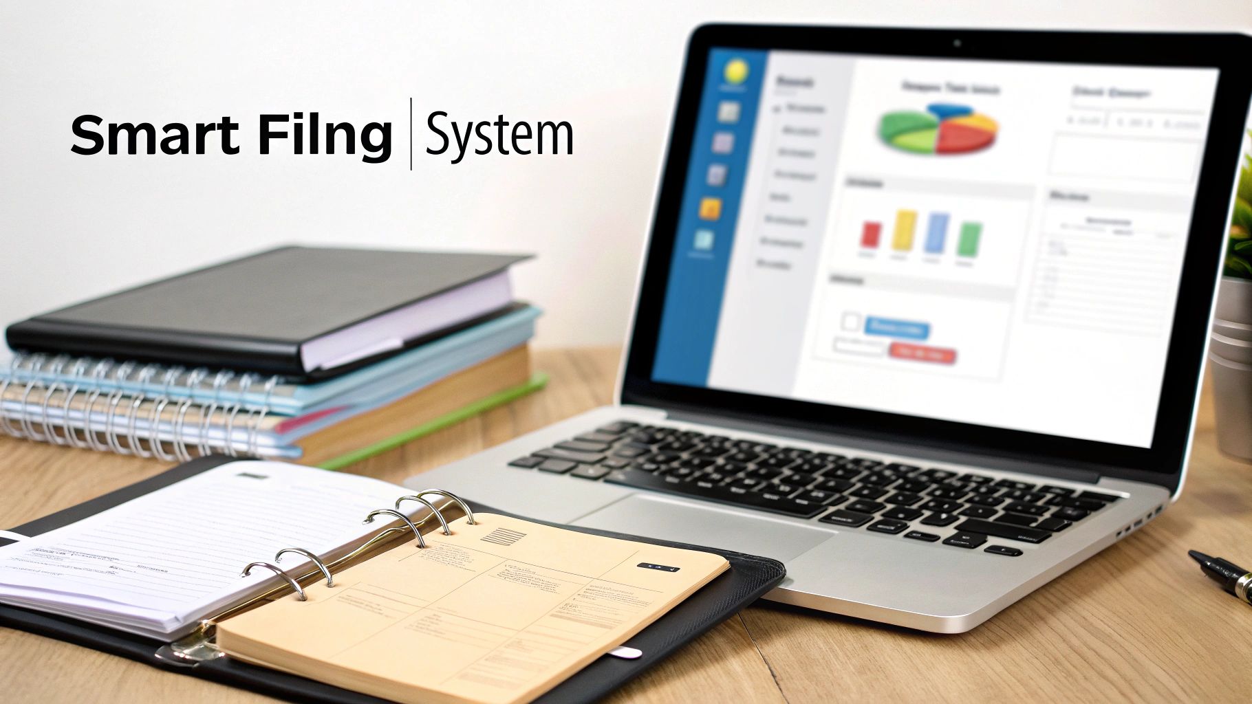 A laptop with a smart filing system dashboard, surrounded by notebooks and a planner on a desk.
