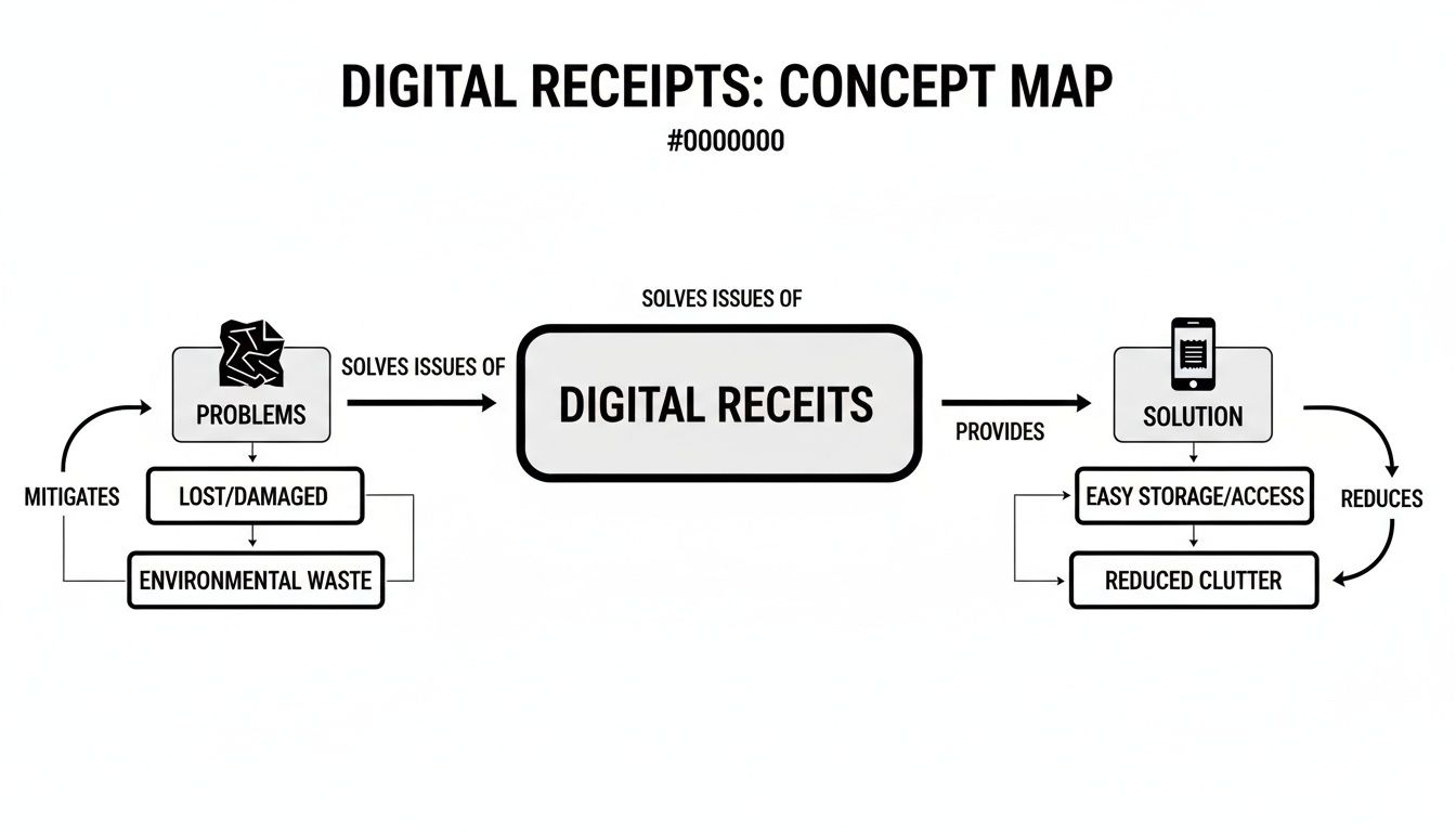 A concept map showing how digital receipts solve issues like lost/damaged items and environmental waste by providing easy storage and reduced clutter.