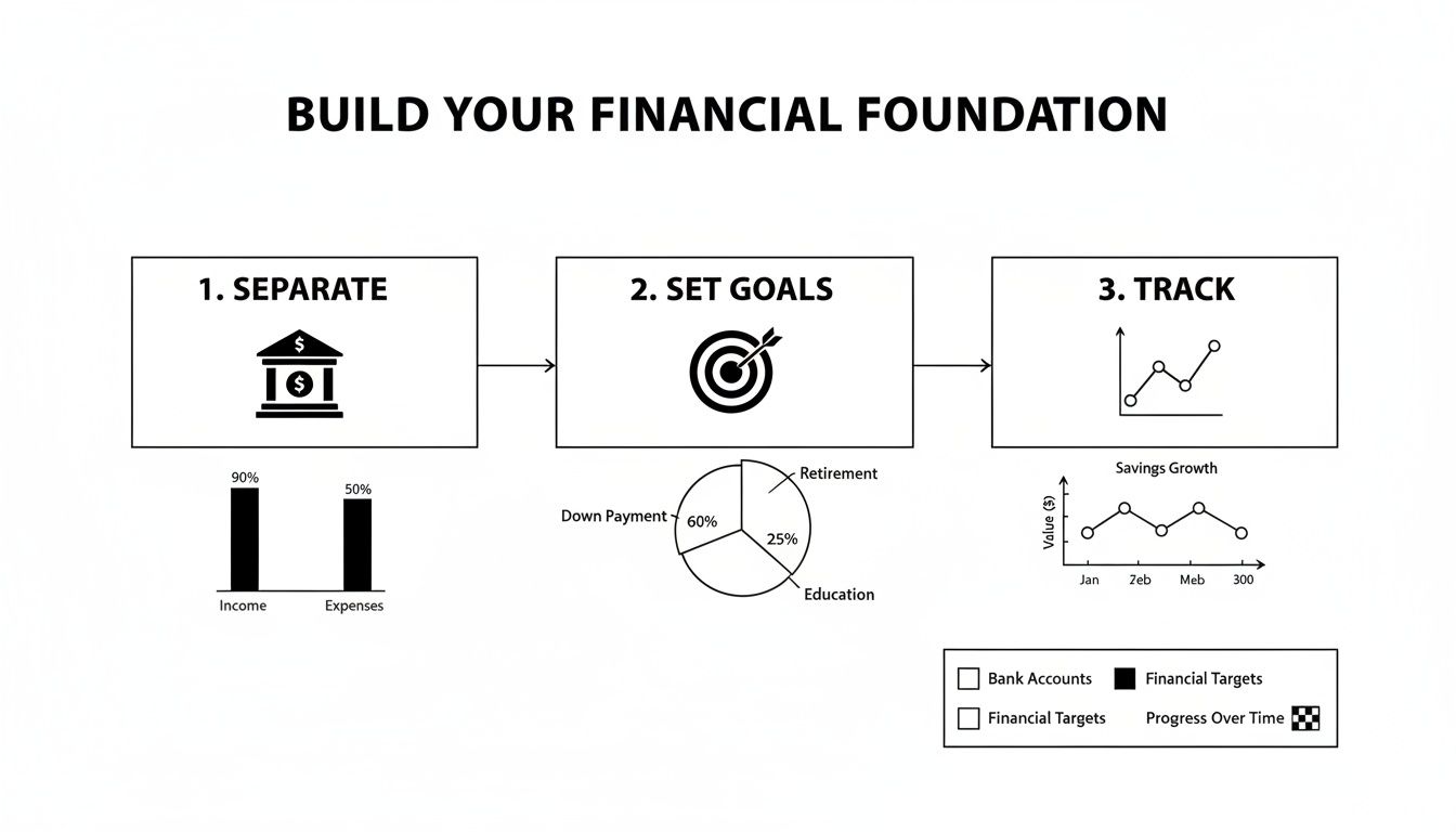 Diagram illustrating a three-step financial foundation process: separate, set goals, and track progress.