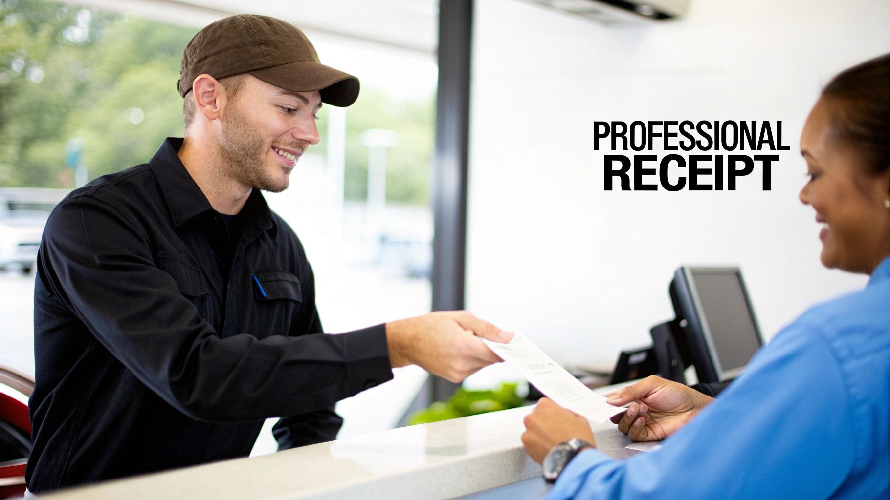 A man in a brown cap hands a professional receipt to a smiling woman at a counter.