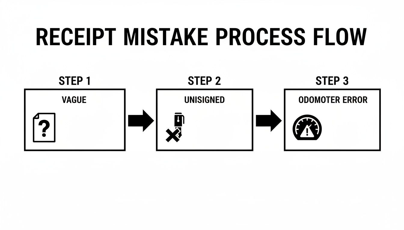 A receipt mistake process flow diagram showing three steps: vague, unsigned, and odometer error.