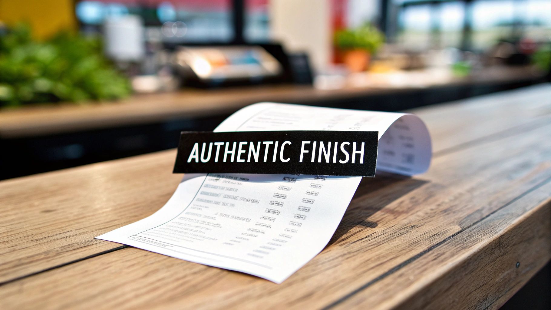 A crumpled white receipt with a black sign stating 'AUTHENTIC FINISH' on a wooden table.