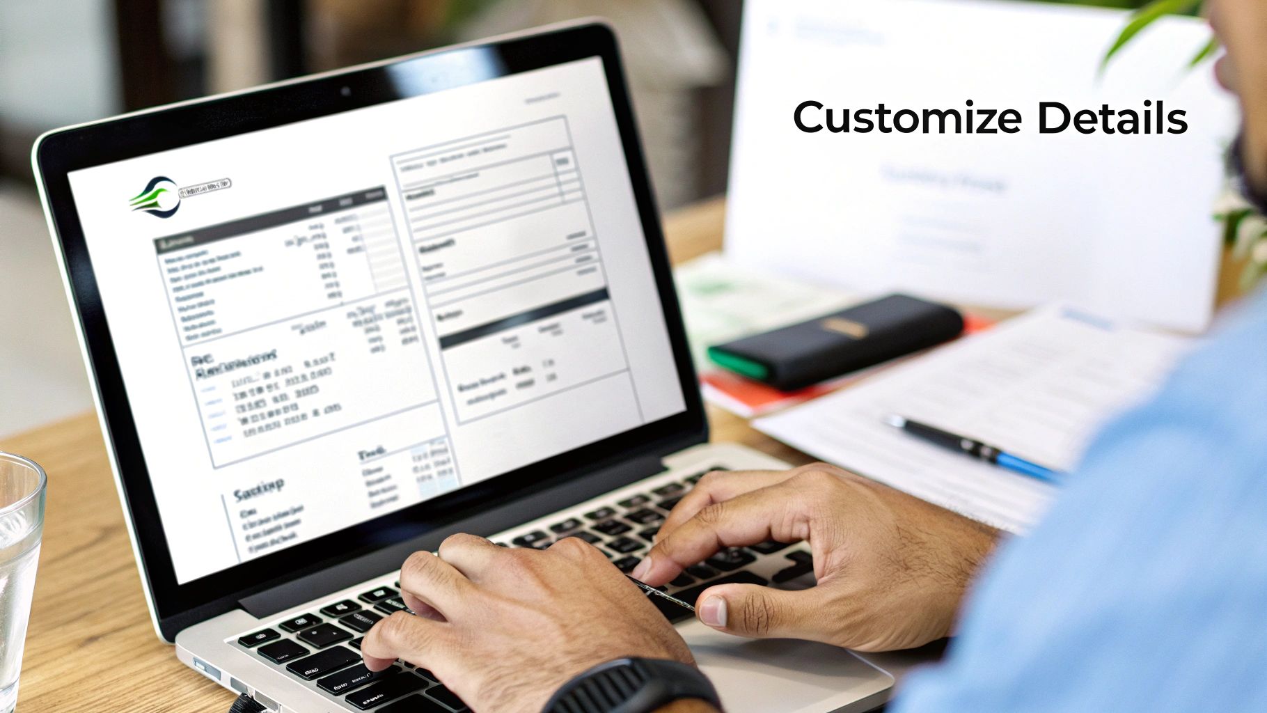 A person customizes details on a laptop displaying a digital receipt or invoice document.