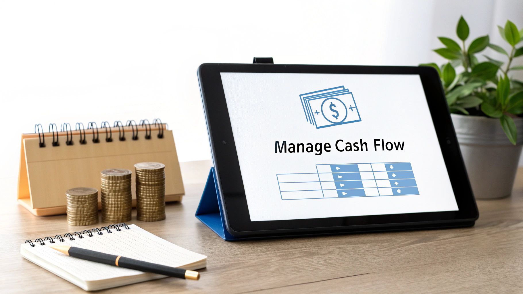 Tablet displaying 'Manage Cash Flow' with coins, calendar, and notepad on a wooden desk.
