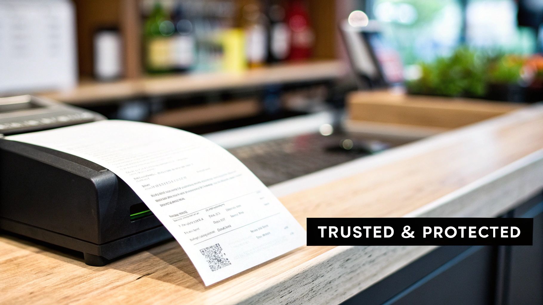 A close-up of a receipt printing from a black machine on a wooden counter, with a blurred background of a shop and a 'TRUSTED & PROTECTED' overlay.