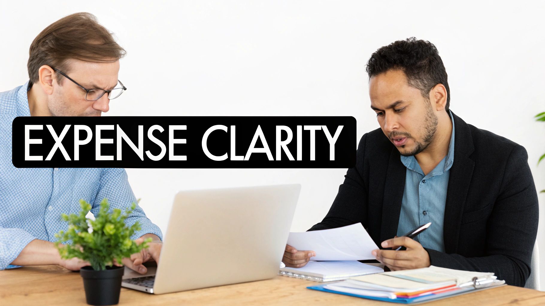 Two men reviewing financial documents and a laptop, focusing on expense clarity.