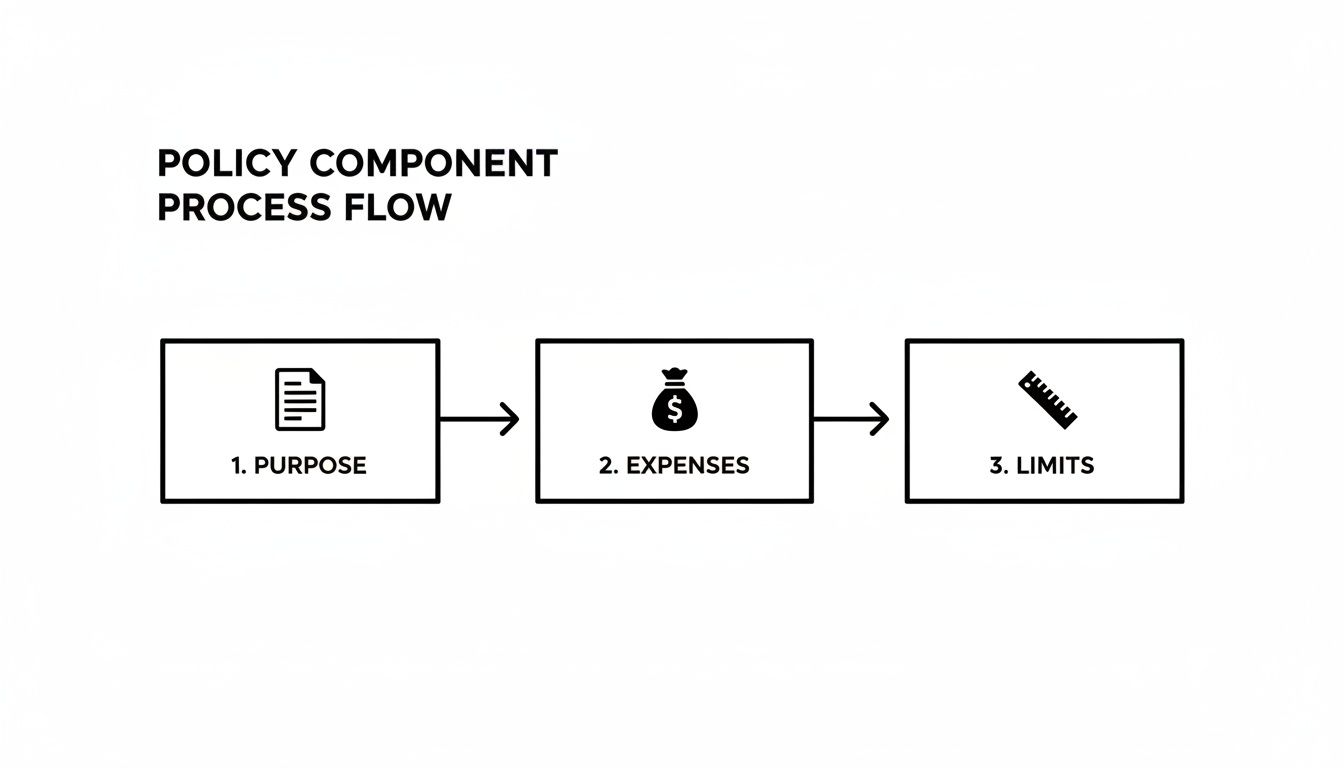 A process flow diagram illustrating policy components: Purpose, Expenses, and Limits, with icons.
