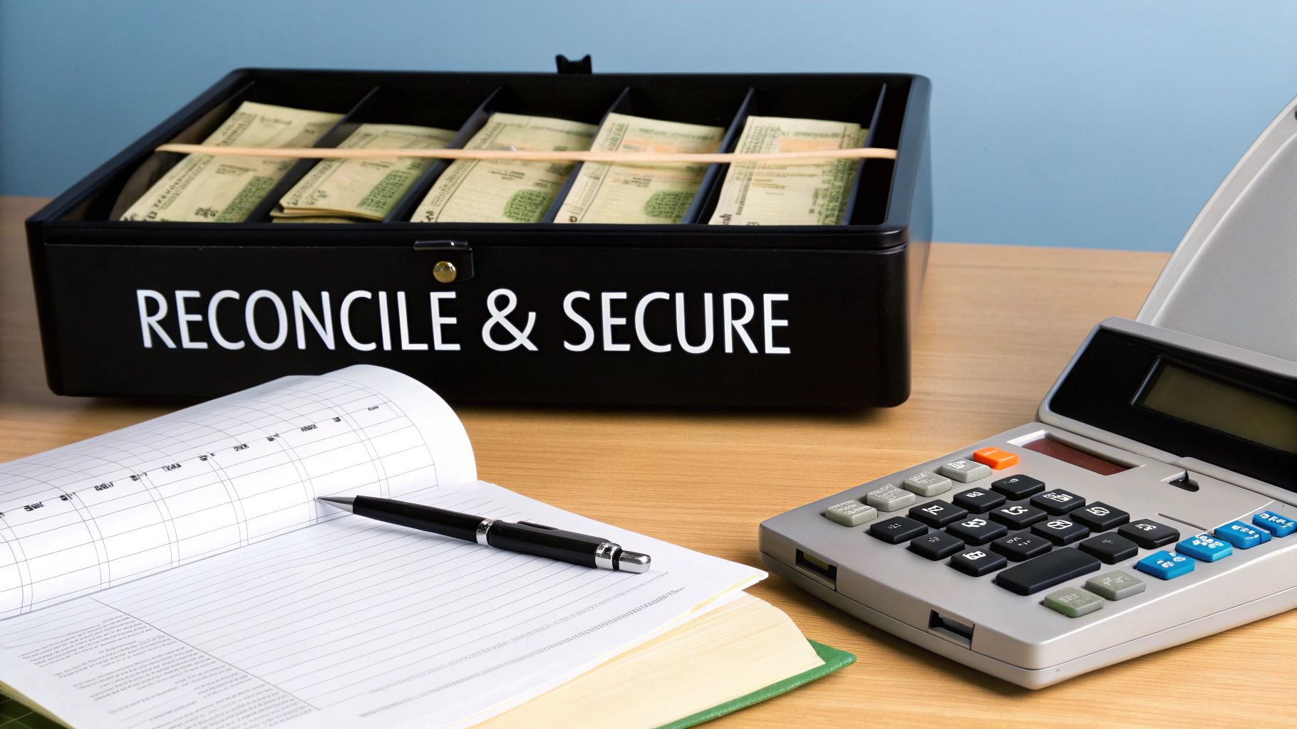 Financial tools: a cash box filled with money, an open ledger, a pen, and a calculator for accounting.