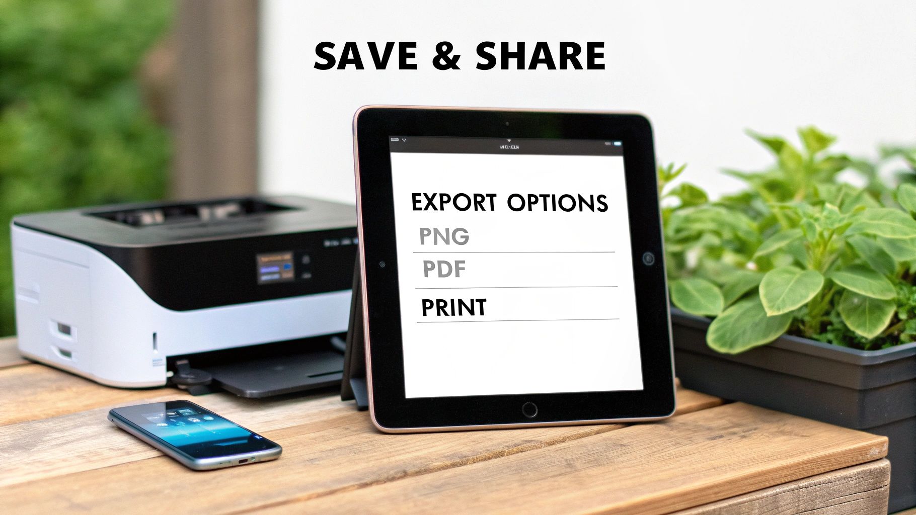 A tablet displays export options like PNG, PDF, and PRINT, with a printer and smartphone nearby, emphasizing saving and sharing digital content.