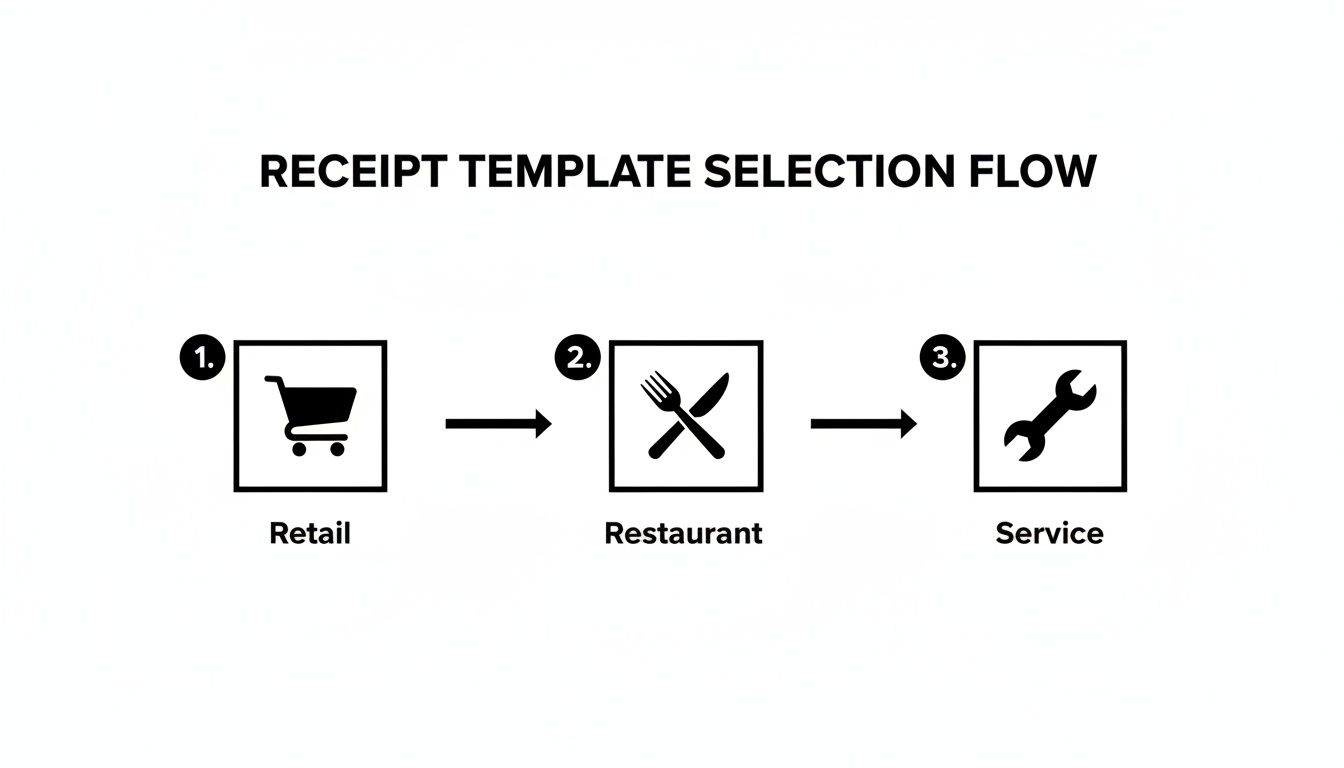 Flowchart illustrating the selection of receipt templates for retail, restaurant, and service businesses.
