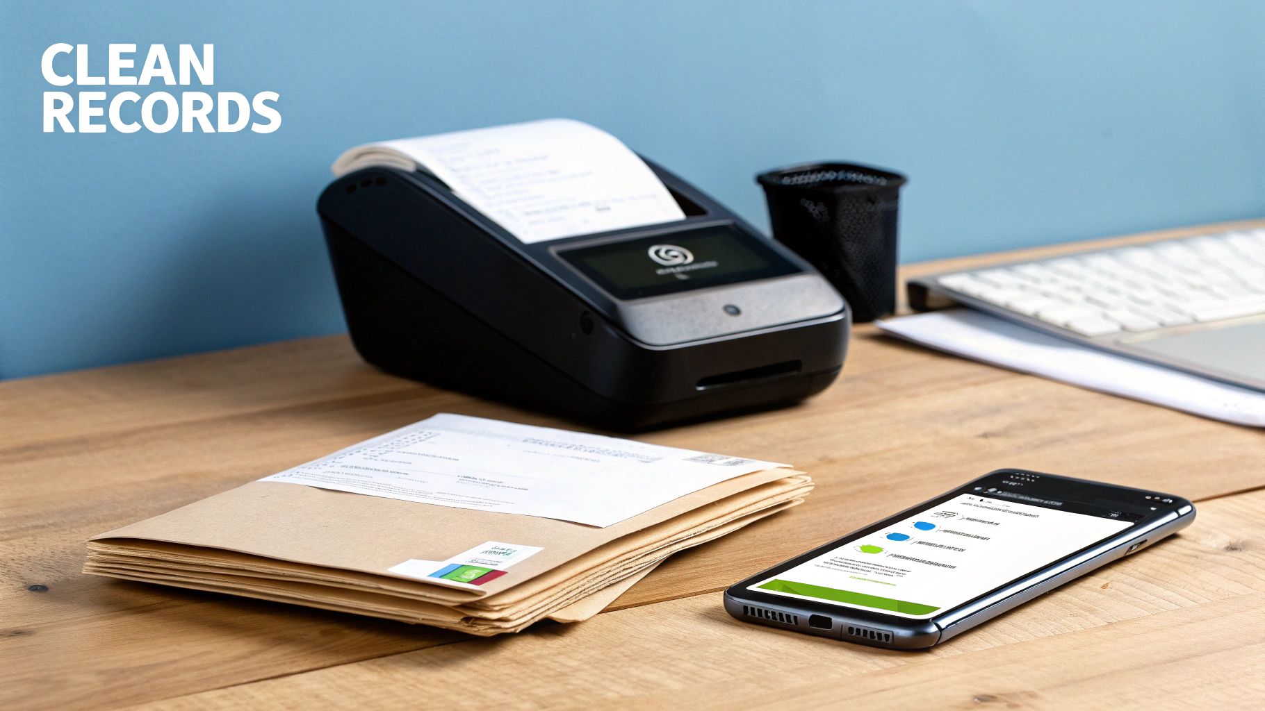 A POS terminal, a smartphone displaying a financial app, and paper records on a wooden desk, emphasizing digital and physical financial management.