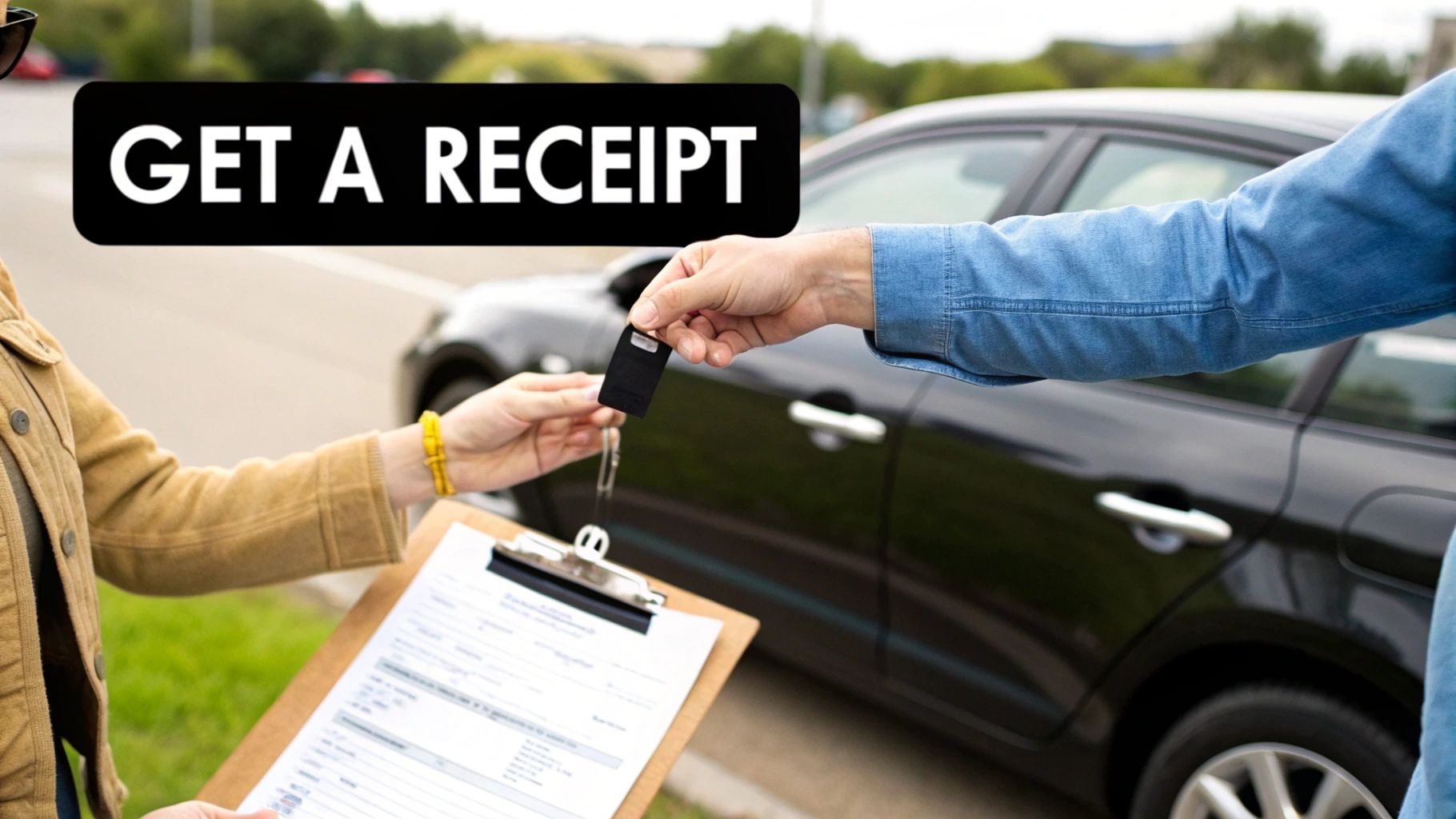 A person hands car keys to another holding a document, with 'GET A RECEIPT' text overlay.