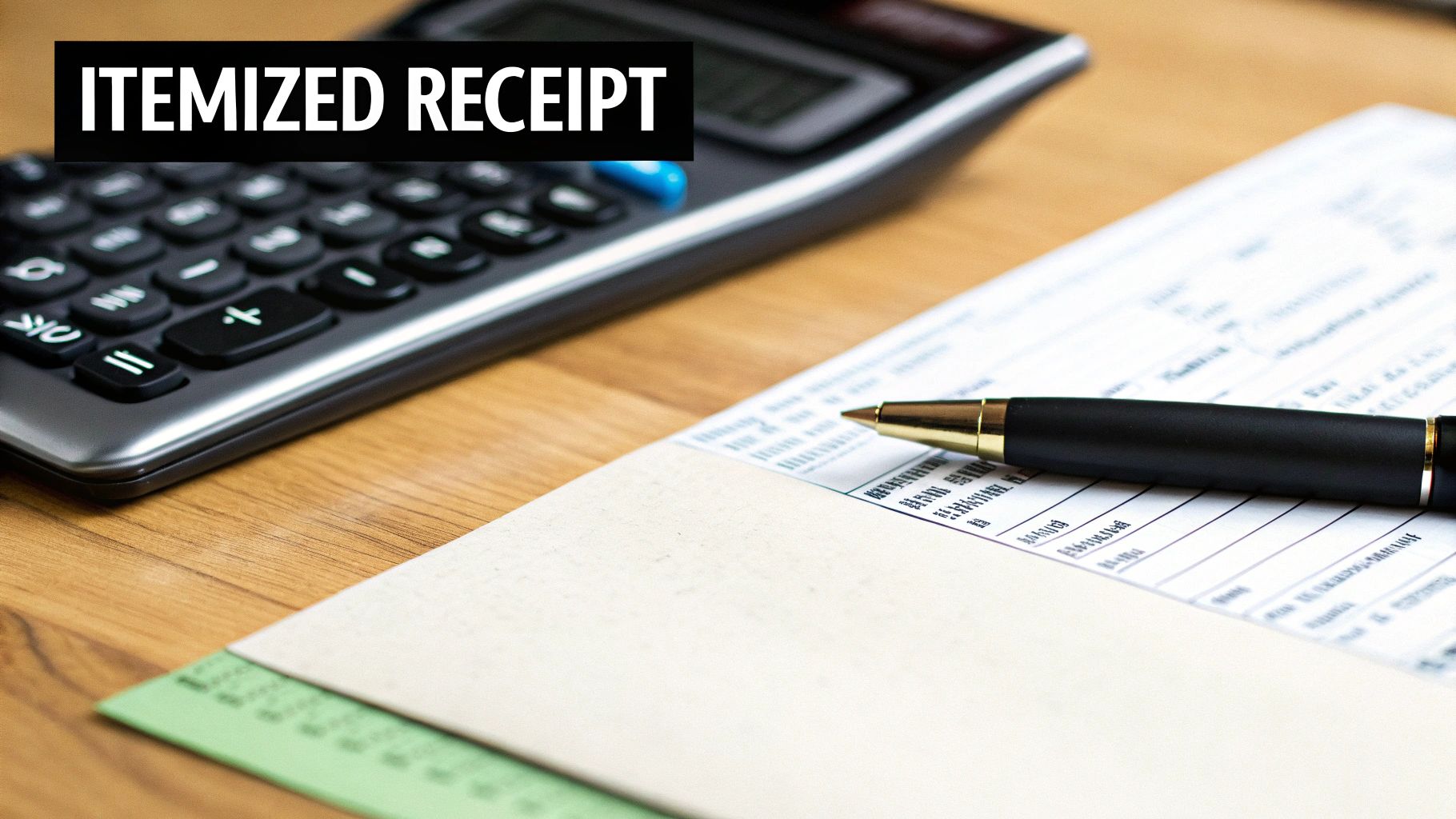 A calculator, a pen, and an itemized receipt document on a wooden desk, emphasizing financial records.