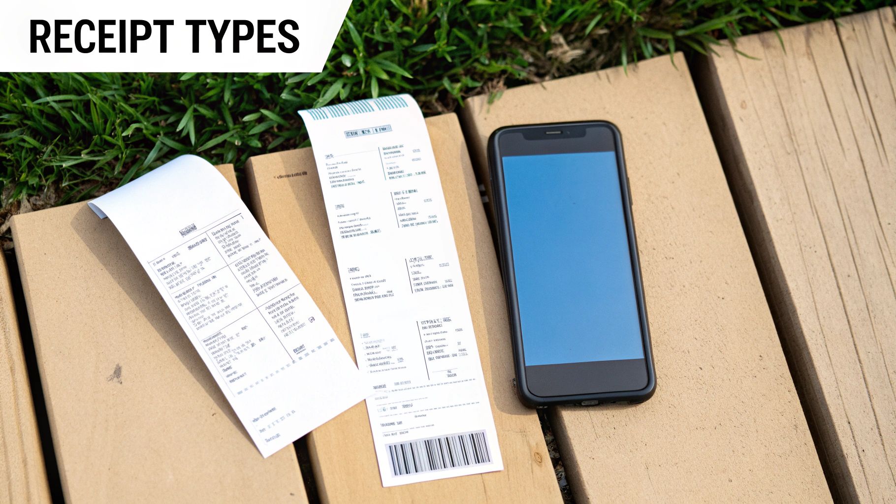 Two paper receipts and a smartphone on wooden planks, illustrating different receipt types.