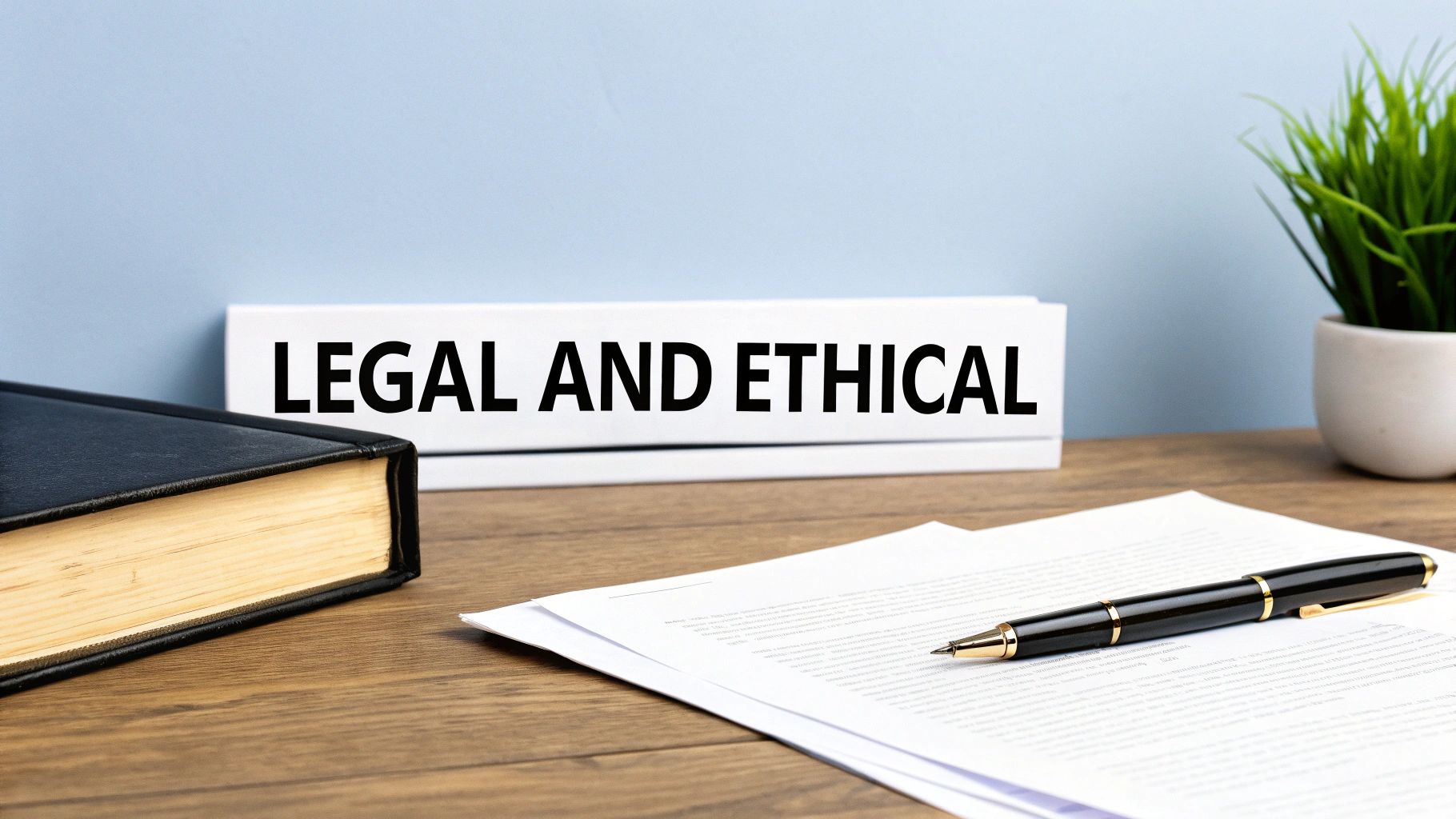 A wooden desk with a book, papers, a pen, and a sign displaying "LEGAL AND ETHICAL".