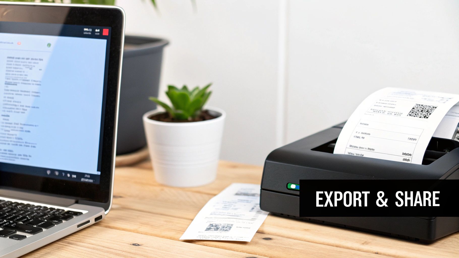 A desk with a laptop, a plant, and a printer issuing receipts. Text says 'EXPORT & SHARE'.