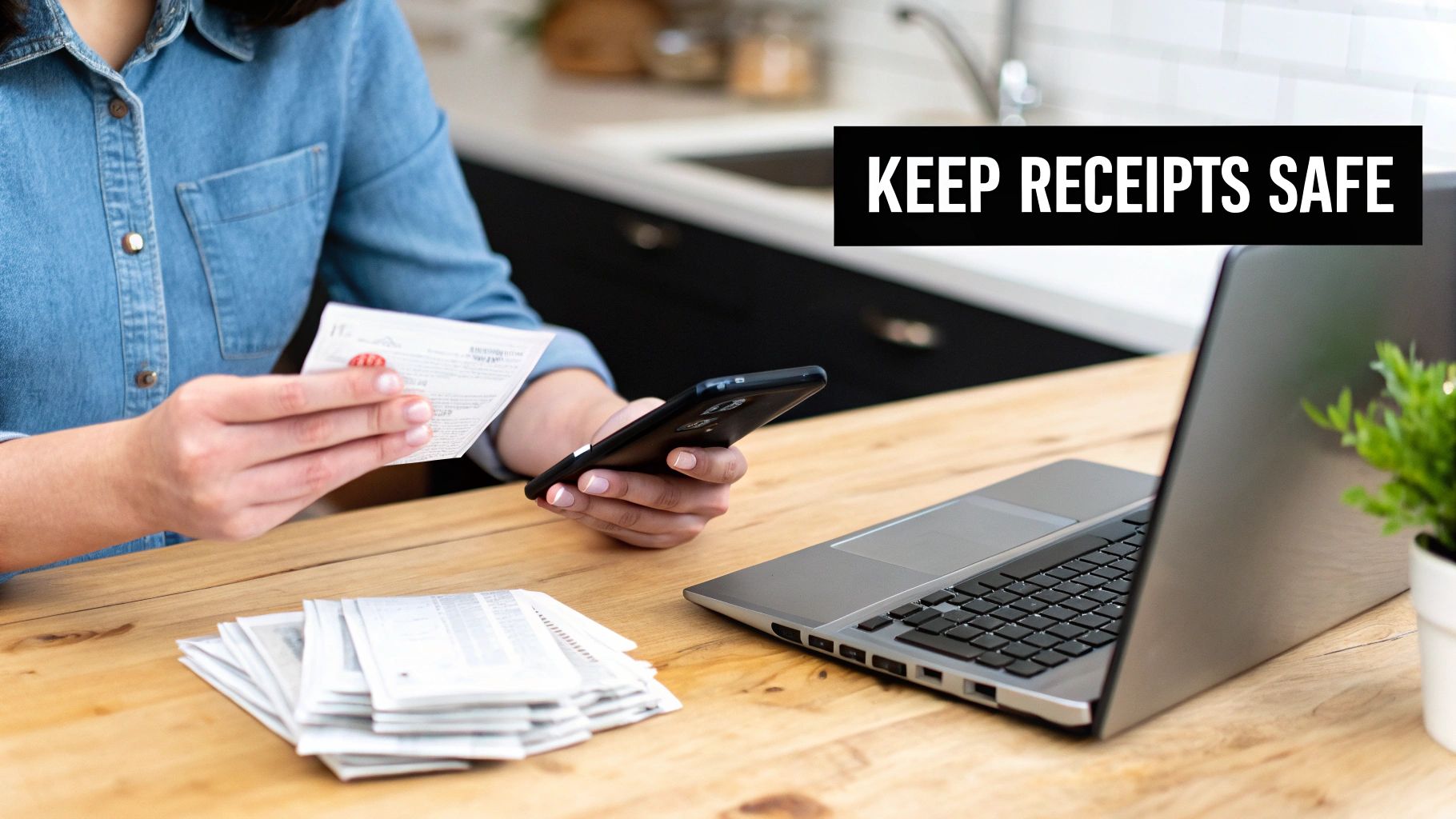 Person reviewing paper receipts and using a smartphone next to a laptop on a wooden desk.