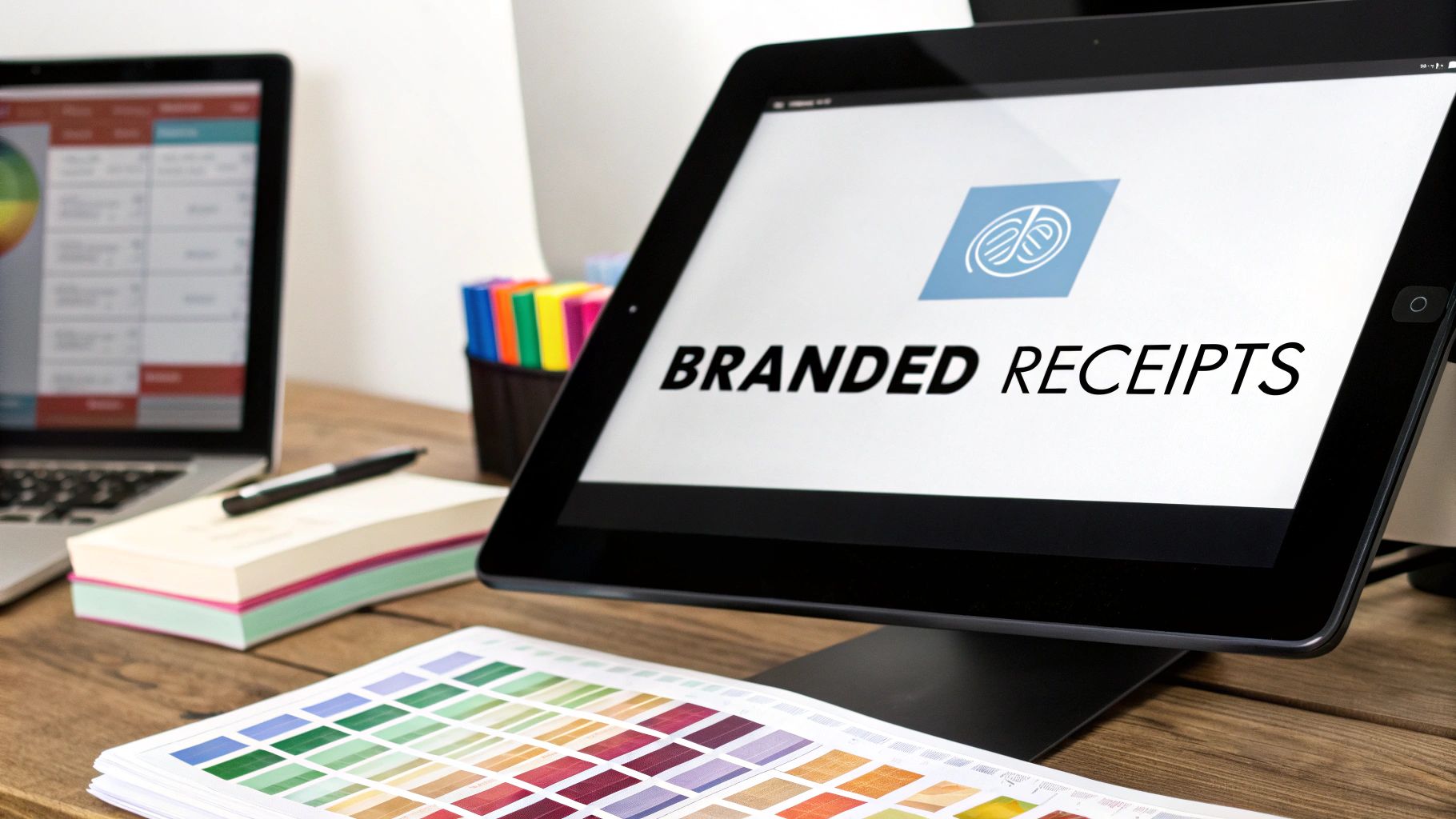 A tablet displays 'Branded Receipts' with a logo, alongside a laptop, notes, and color swatches on a wooden desk.