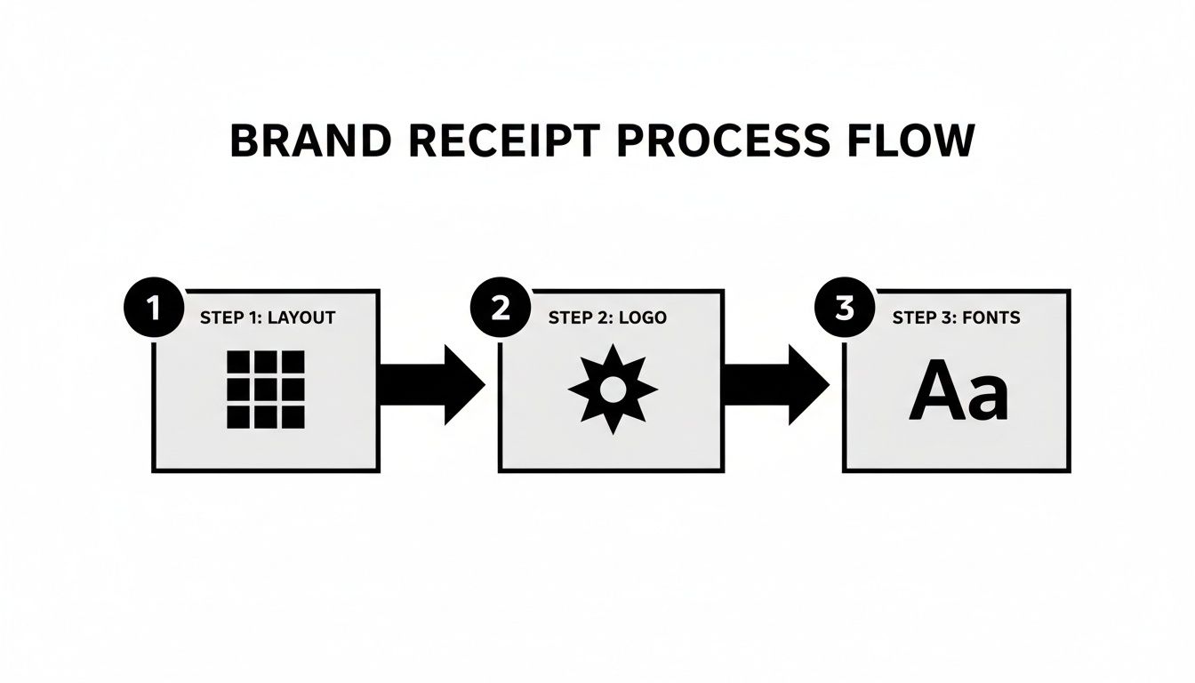 A brand receipt process flow diagram illustrates steps for layout, logo, and fonts creation.
