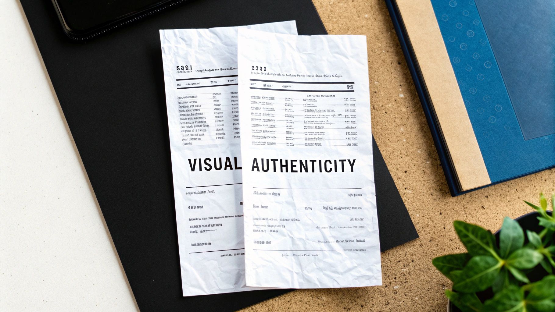 Two crumpled papers displaying 'VISUAL AUTHENTICITY' on a textured desk with a phone, notebook, and plant.