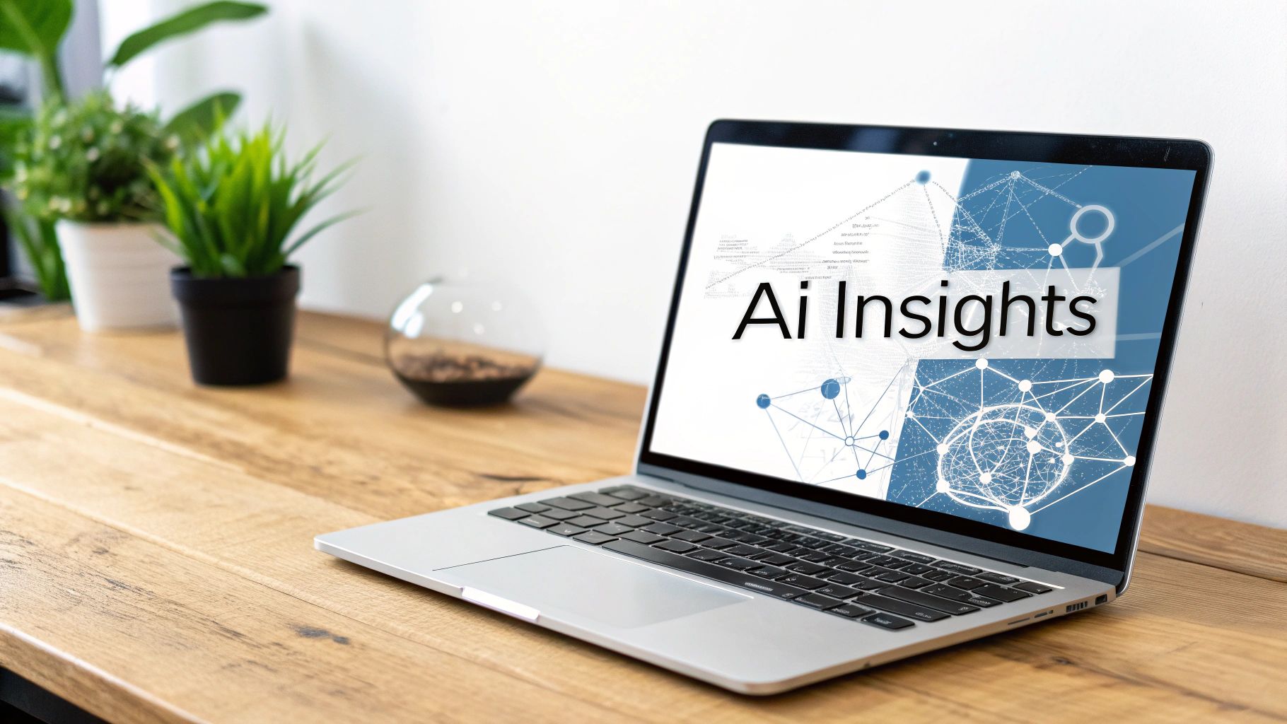 A silver laptop on a wooden desk displays 'Ai Insights' text with a data visualization graphic, flanked by plants.