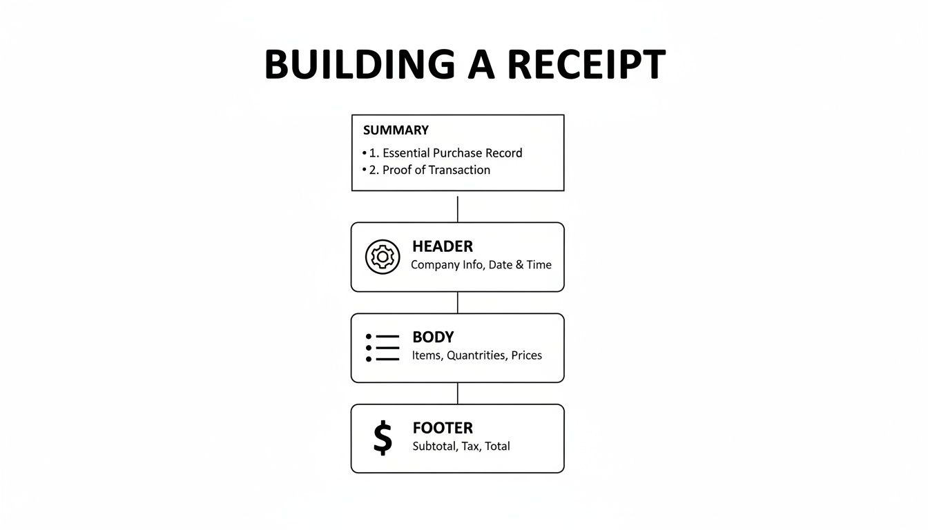 Flowchart illustrating the key sections and components for building a receipt, including summary, header, body, and footer details.