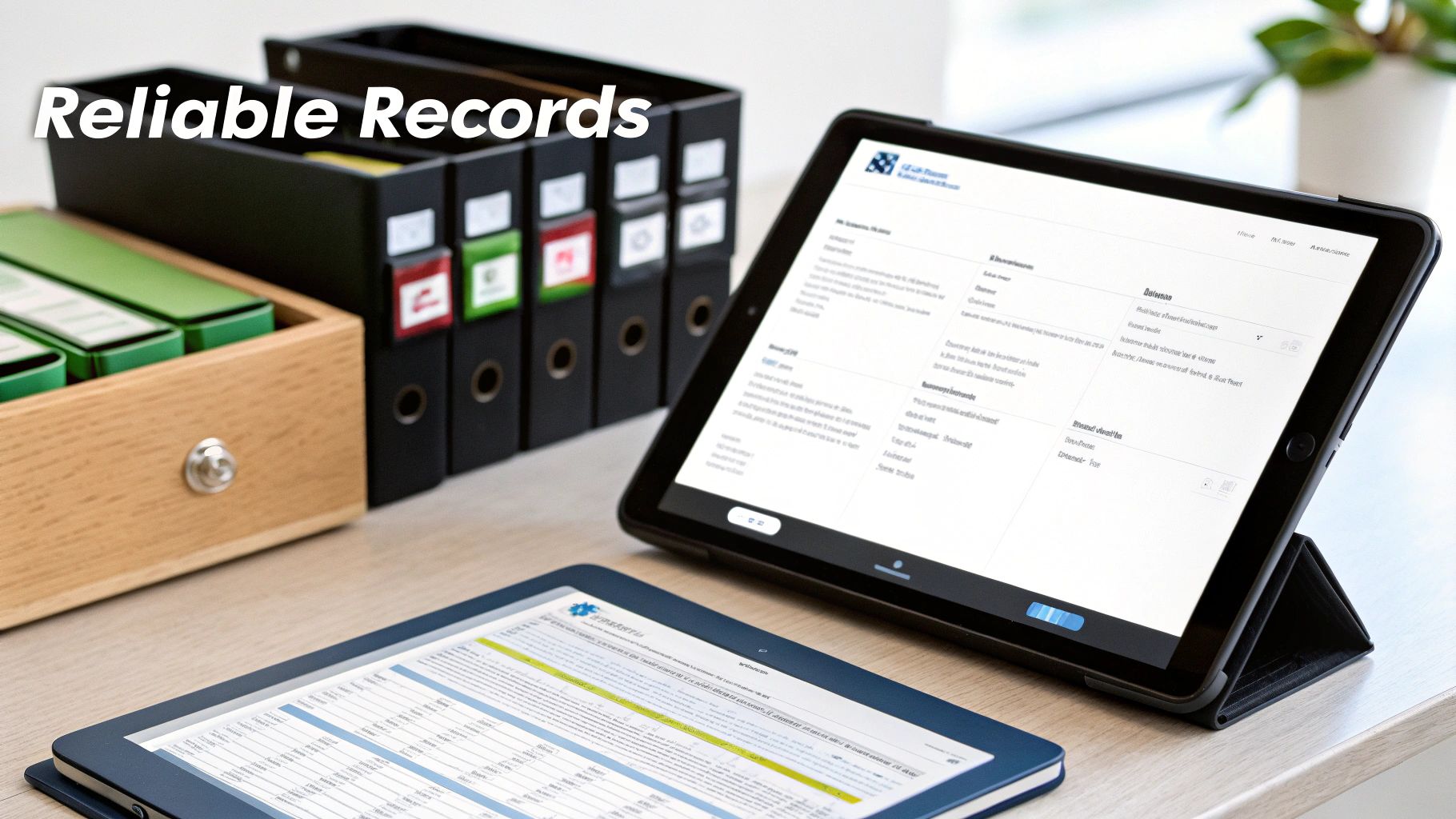Desk with two tablets displaying digital documents, alongside traditional binders and folders for reliable records.