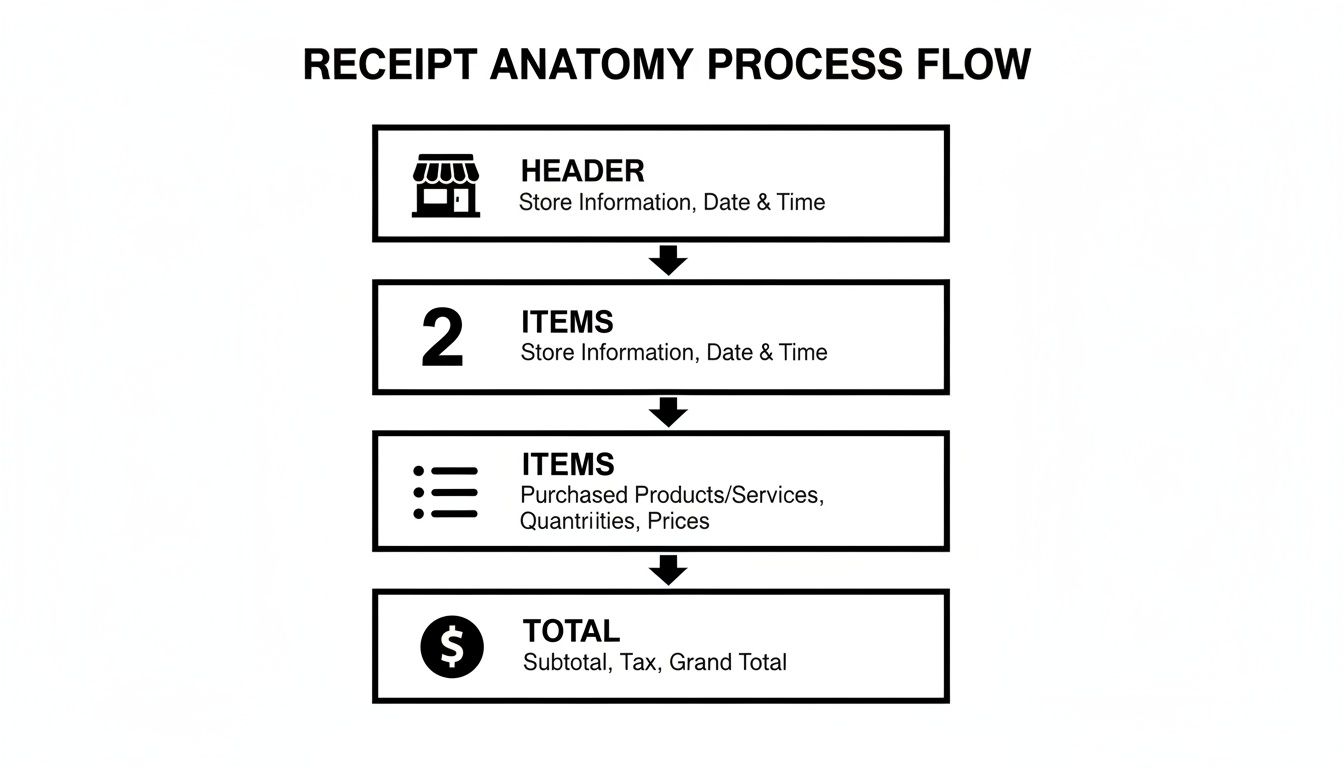 A process flow diagram illustrating the anatomy of a receipt, detailing header, items, and total sections.