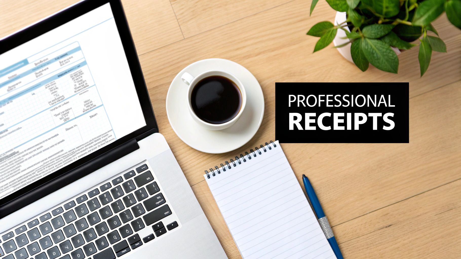 Flat lay of a professional workspace with a laptop displaying receipts, coffee, notepad, and pen on a wooden desk.