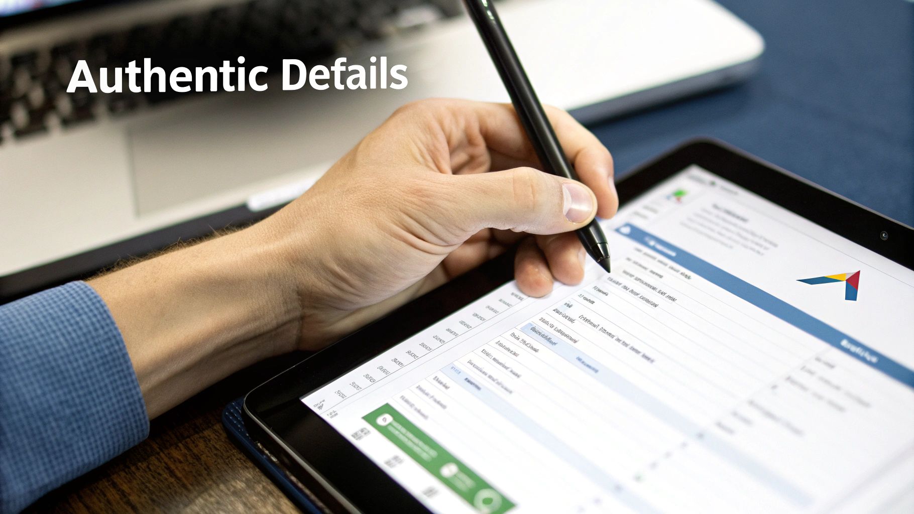 A hand using a stylus on a tablet displaying digital data, with a laptop nearby.