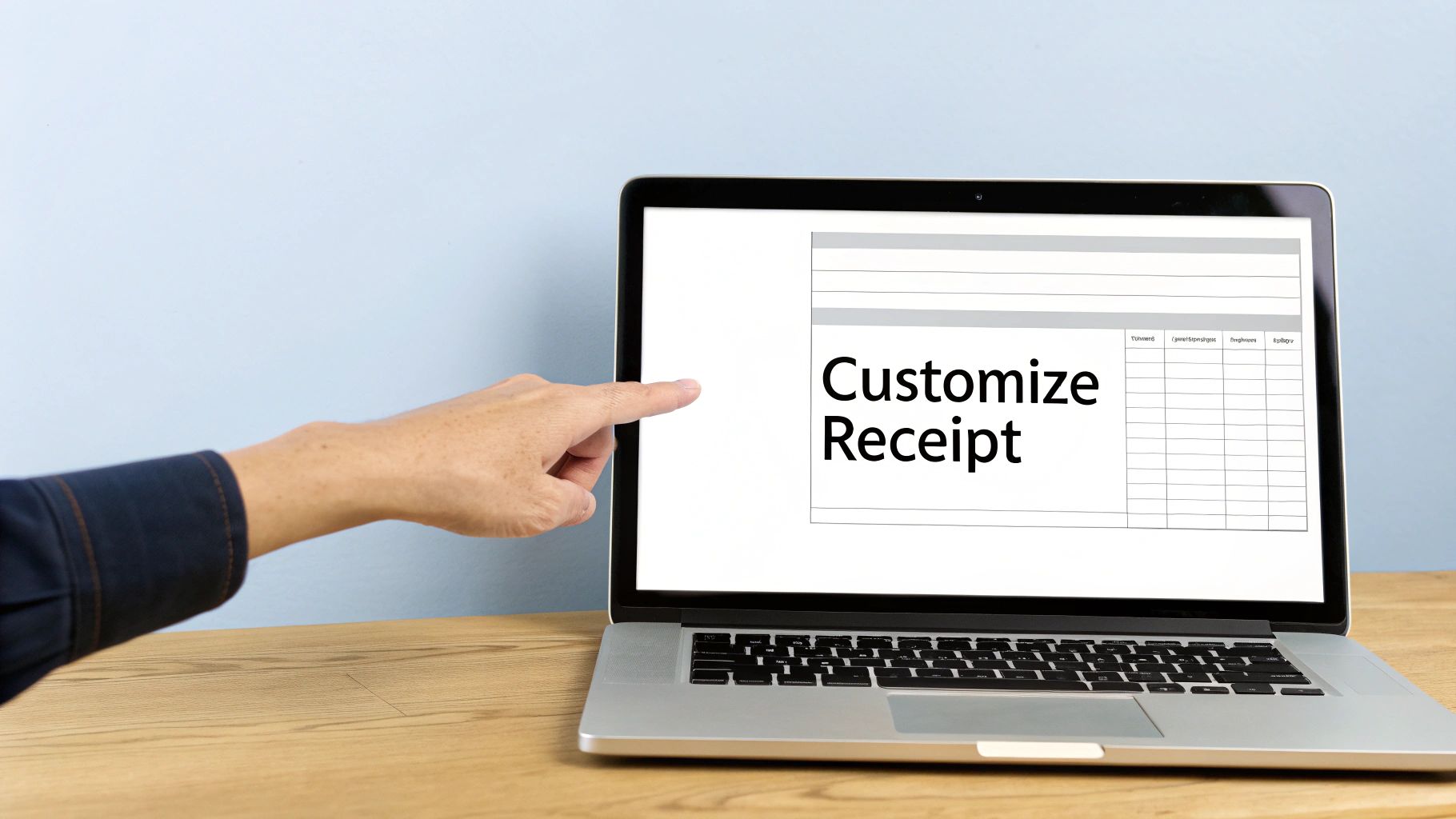 A hand points at a laptop screen displaying a 'Customize Receipt' template on a wooden desk.