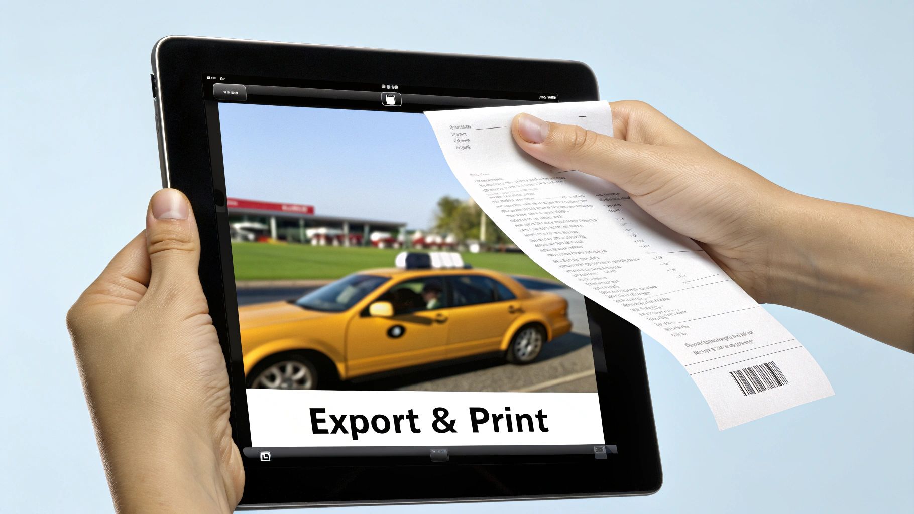 Hands hold a tablet displaying a yellow taxi, with a paper receipt being held over the screen.