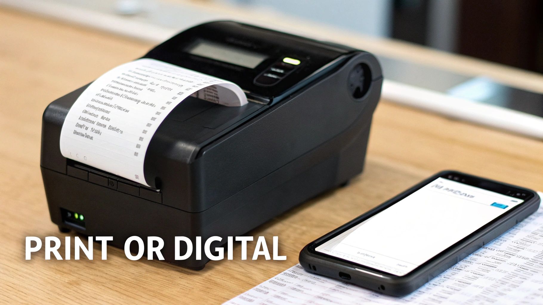 A close-up of a receipt printer issuing a paper receipt next to a smartphone showing a blank digital screen.