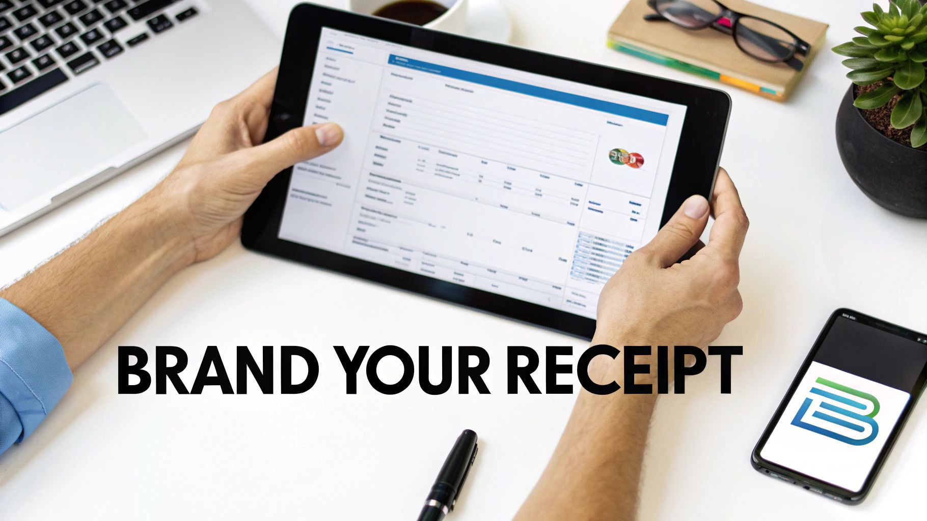 A person holding a tablet displaying a digital receipt template, with a laptop and smartphone on a white desk.
