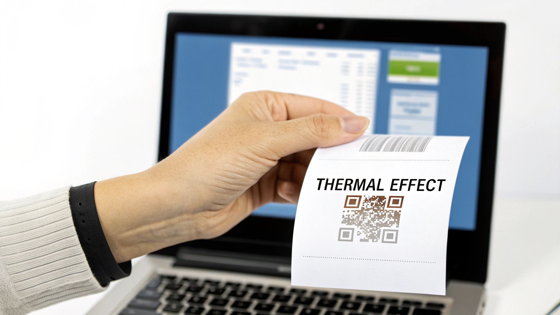 A hand holds a thermal receipt with a QR code and 'THERMAL EFFECT' text in front of a laptop.