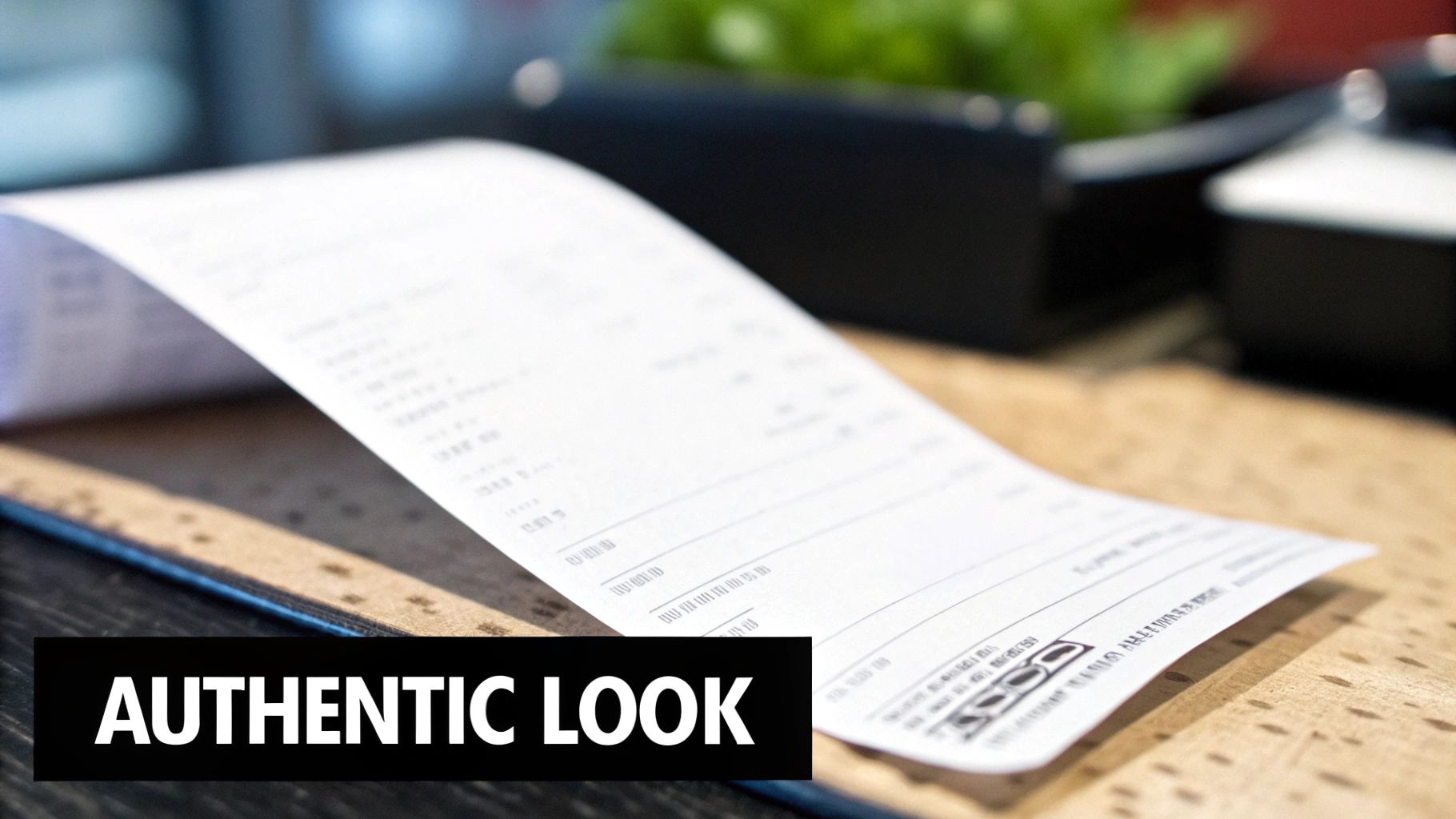 A white paper receipt, folded and showing unreadable text, rests on a light wooden table.