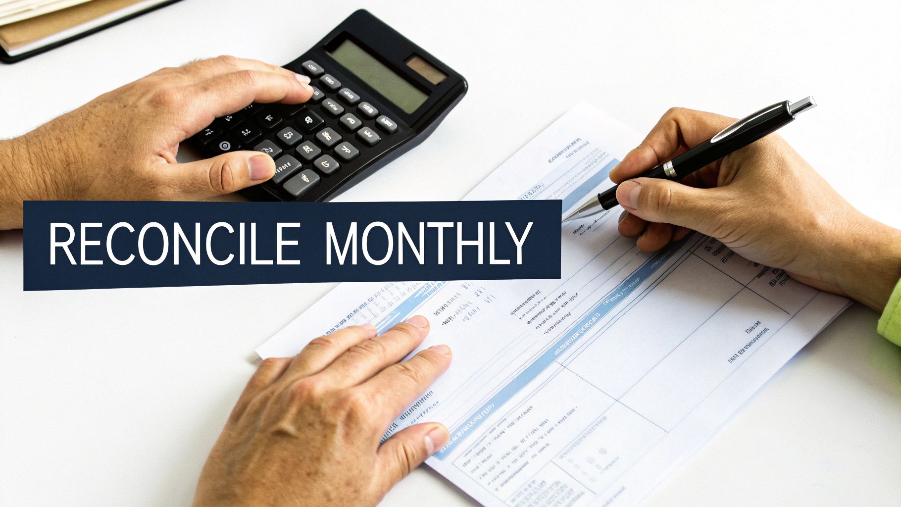 Hands reconciling monthly finances with a calculator and pen on a document, displaying 'RECONCILE MONTHLY'.