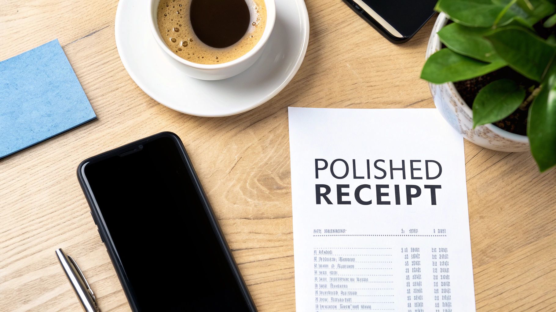 Flat lay of a wooden desk with coffee, smartphone, pen, plant, and a polished receipt.