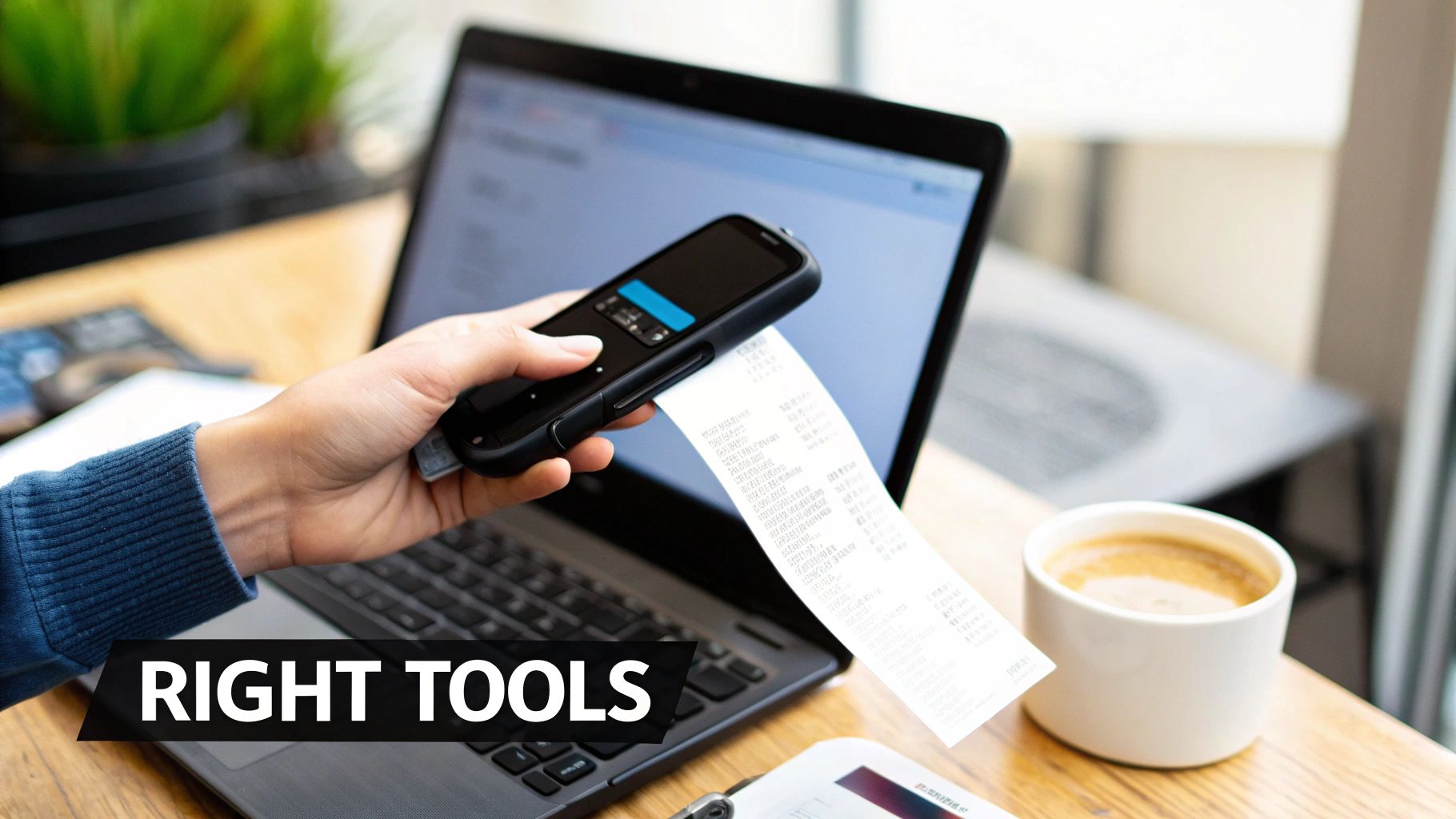 A hand holds a smartphone scanning a paper receipt, with a laptop and coffee on a wooden table.
