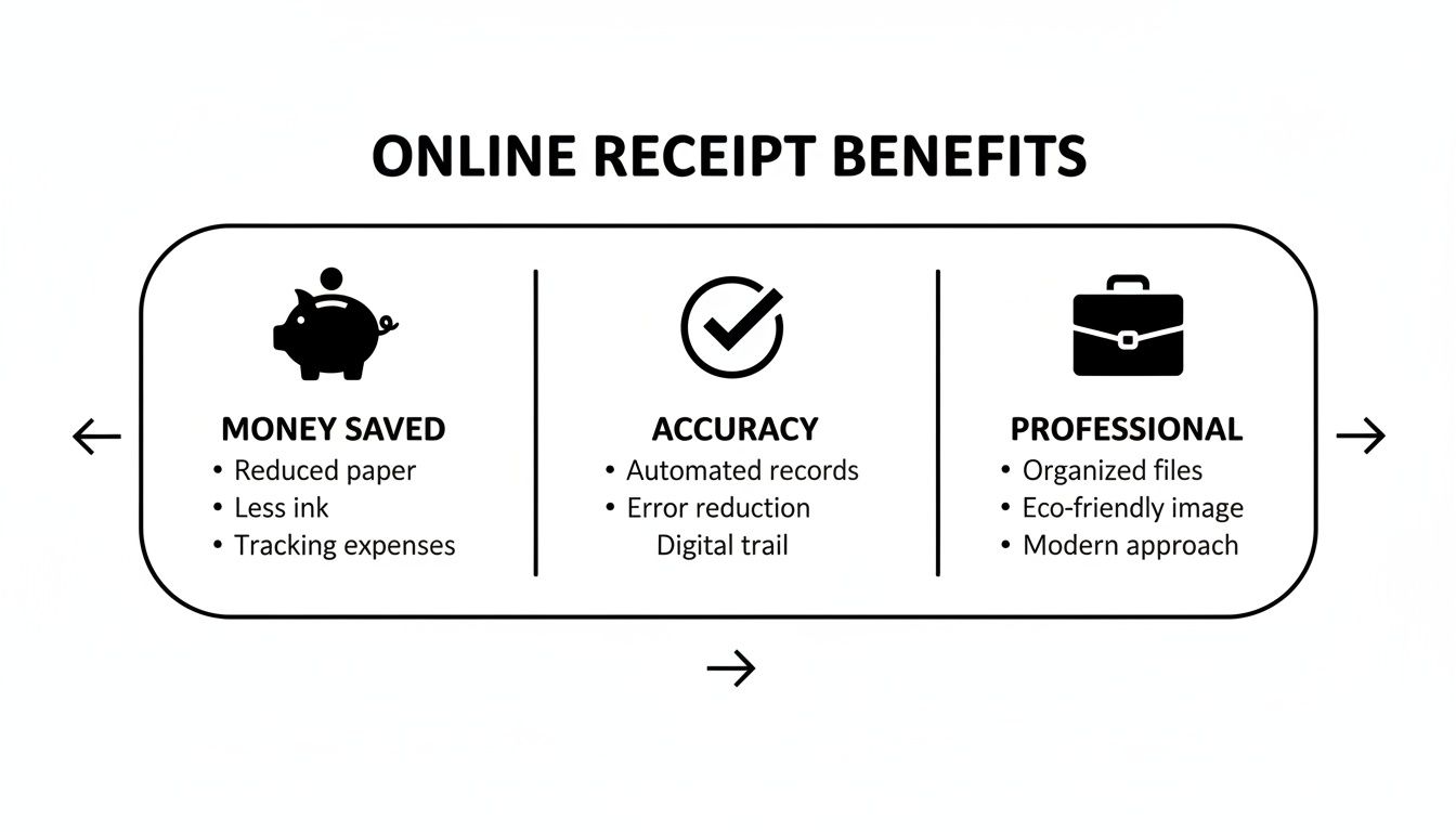 Infographic showing online receipt benefits: money saved, accuracy, and professionalism, with corresponding icons.