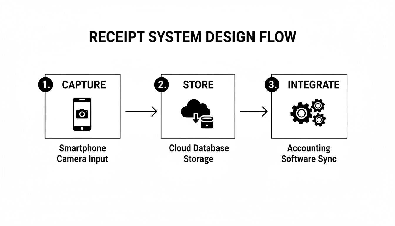 A diagram illustrating a receipt system design flow with steps: capture, store, and integrate.